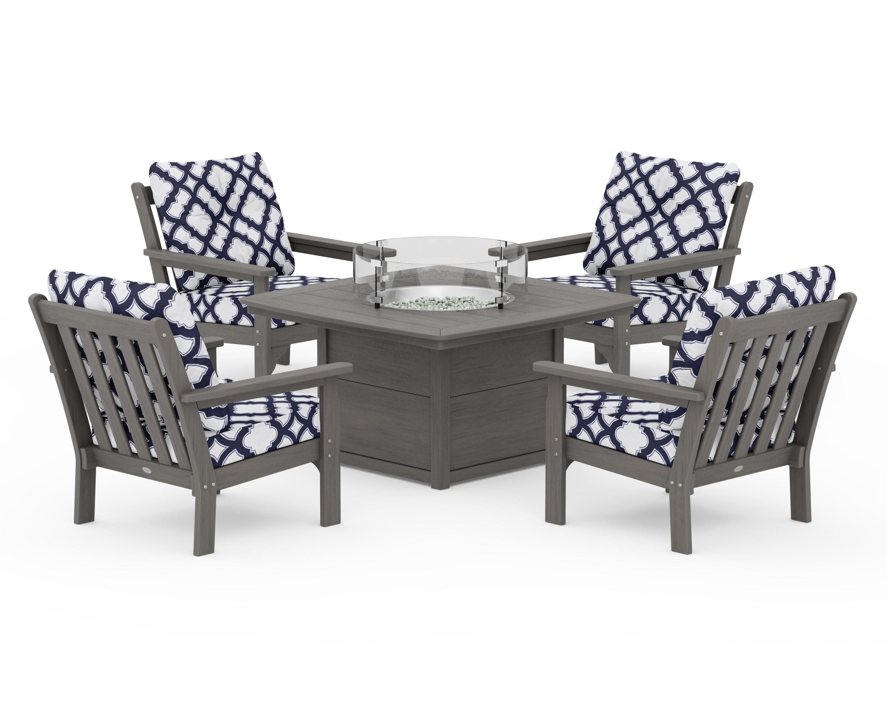 Vineyard 5-Piece Conversation Set with Fire Pit Table in Driftwood / Trellis Navy