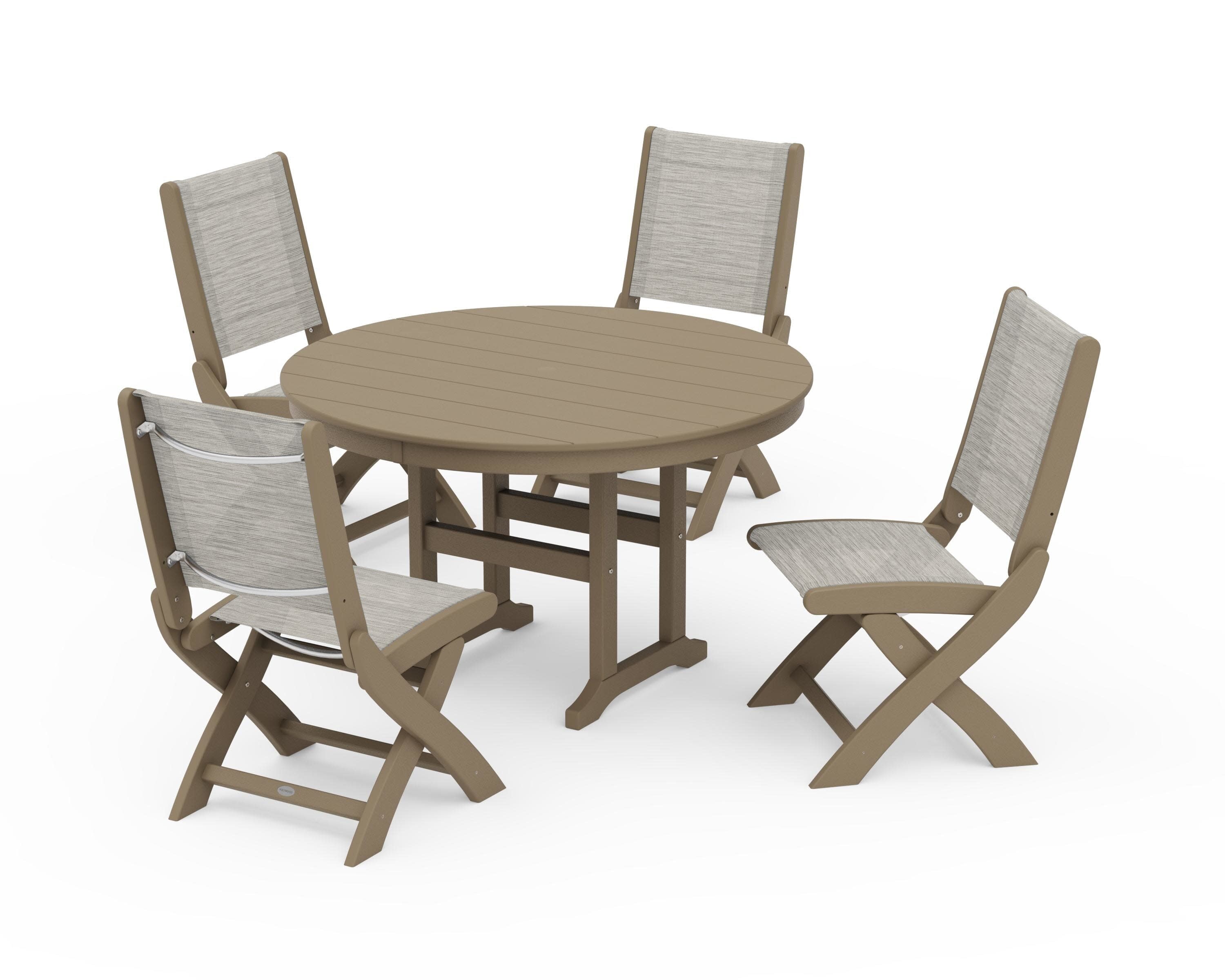 Coastal Folding Side Chair 5-Piece Round Dining Set in Vintage Sahara / Birch Sling