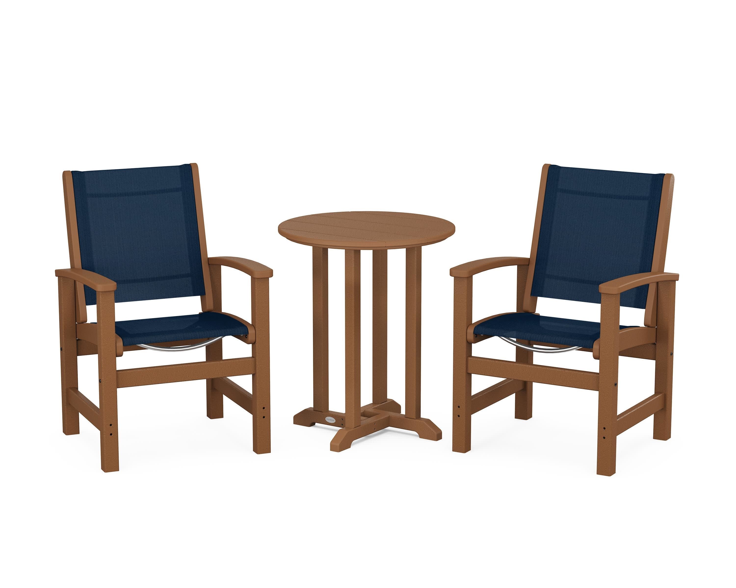 Coastal 3-Piece Round Bistro Dining Set in Teak / Navy Blue Sling