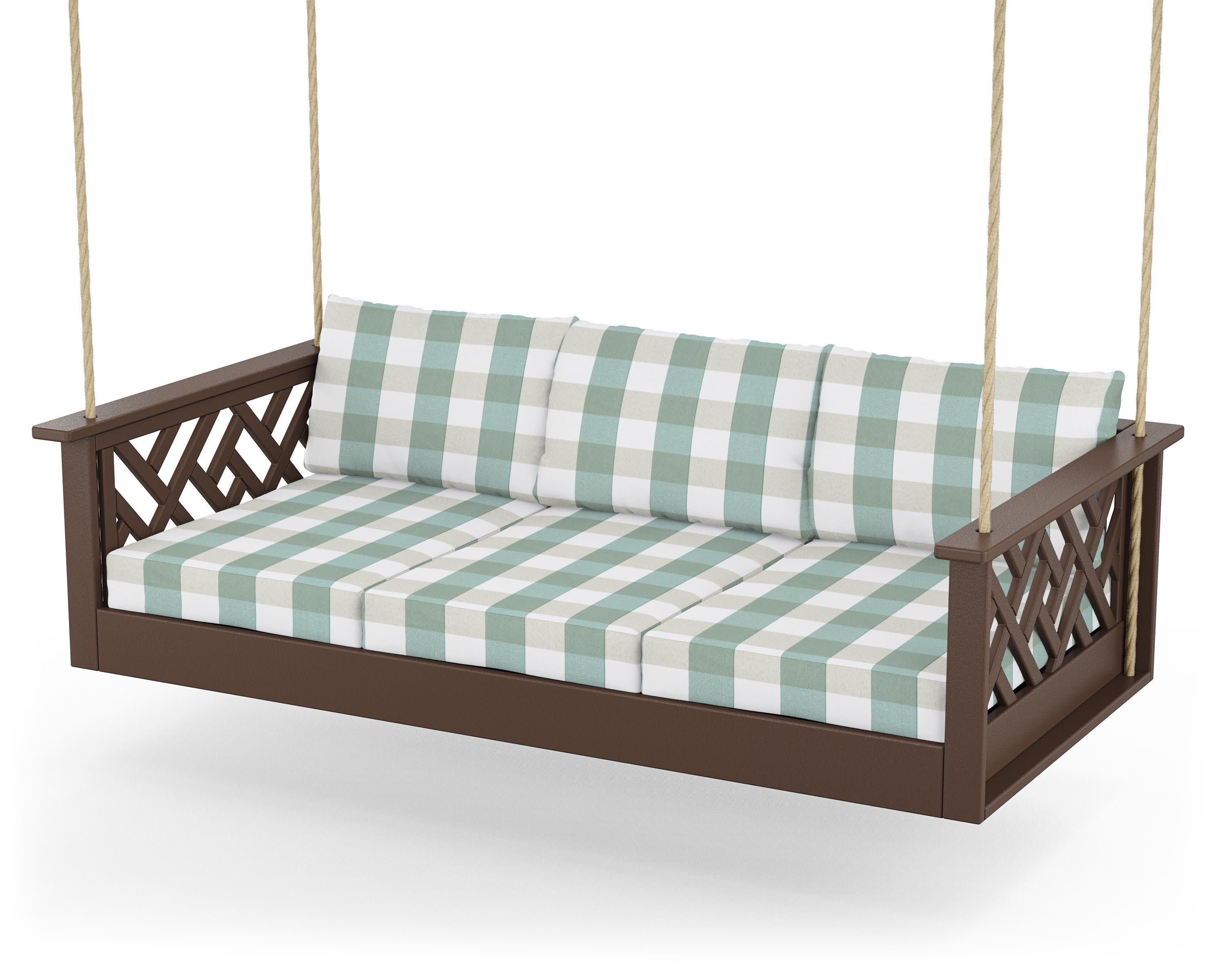 Chippendale Daybed Swing in Mahogany / Buffalo Plaid Glacier Spa