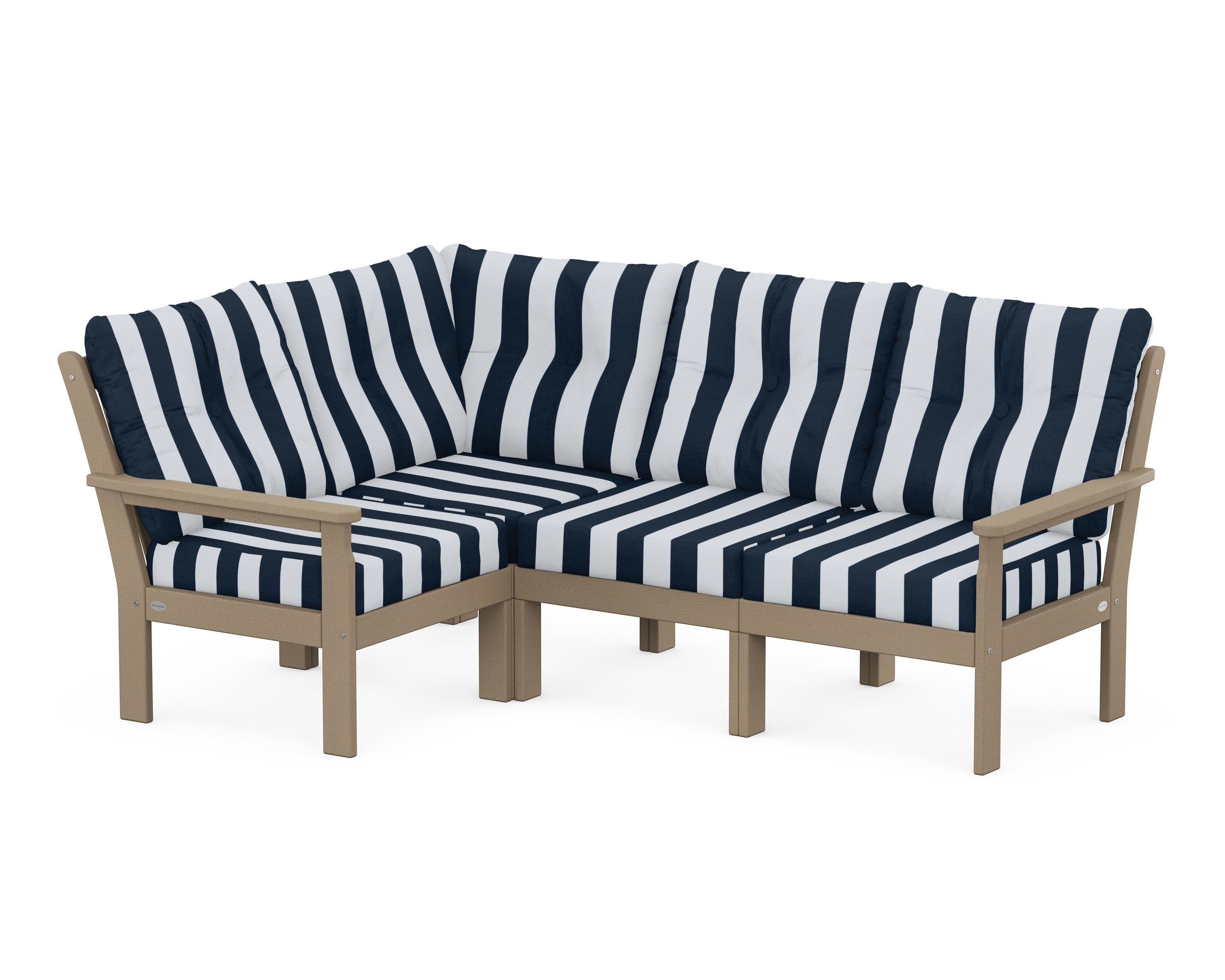 Vineyard 4-Piece Sectional in Vintage Sahara / Cabana Stripe Marine Indigo