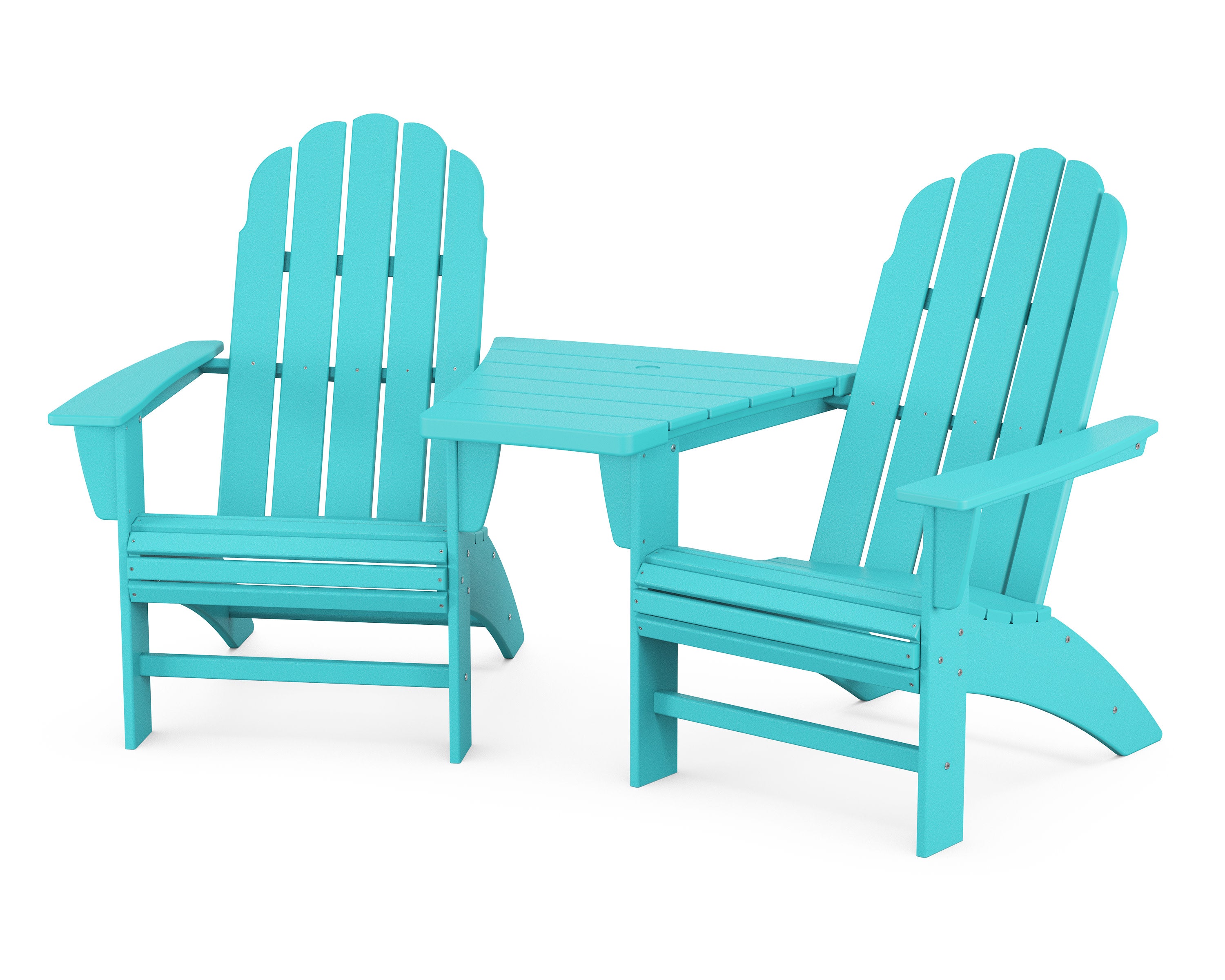 Vineyard 3-Piece Curveback Adirondack Set with Angled Connecting Table in Aruba