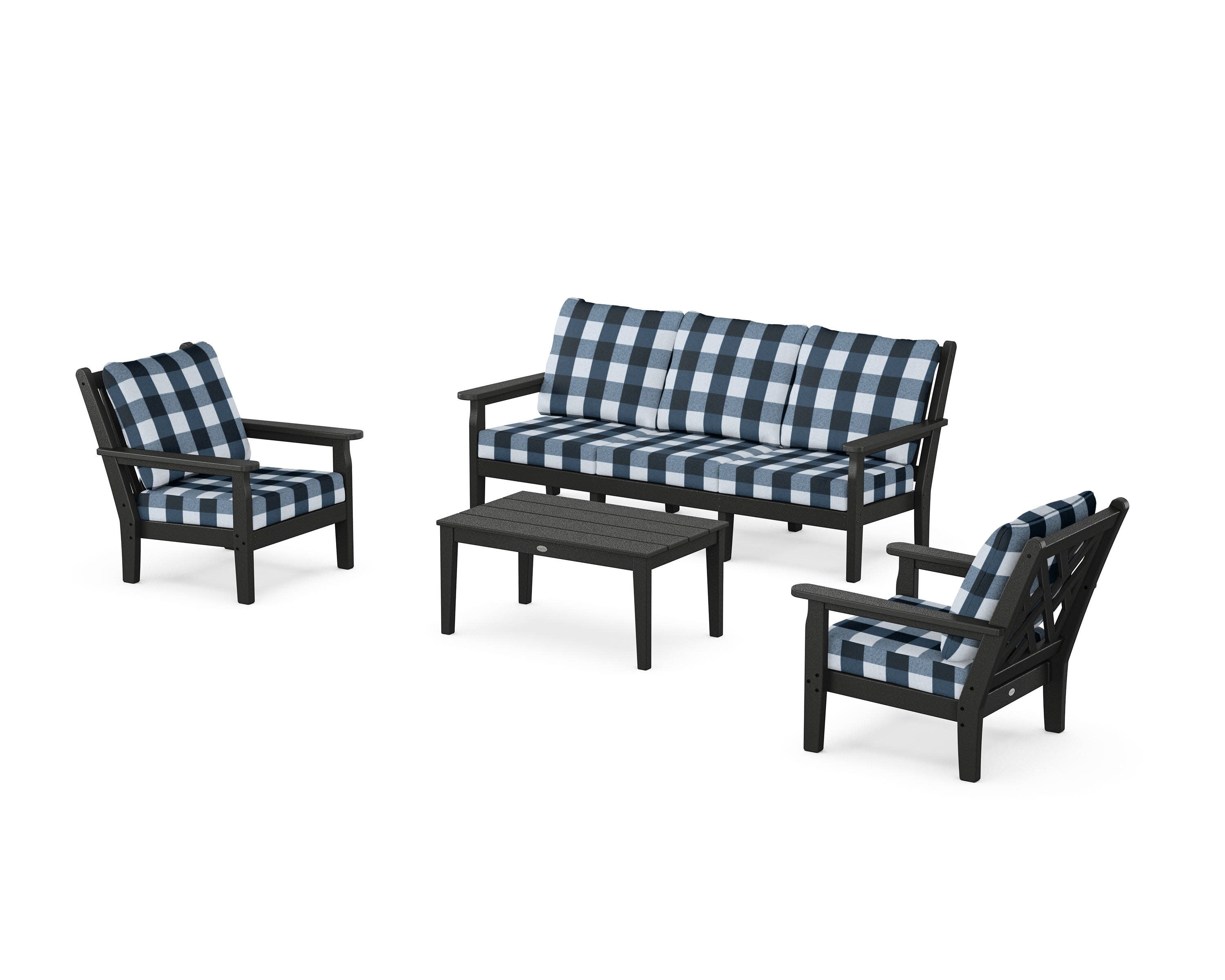 Chippendale 4-Piece Deep Seating Set with Sofa in Black / Buffalo Plaid Marine Indigo
