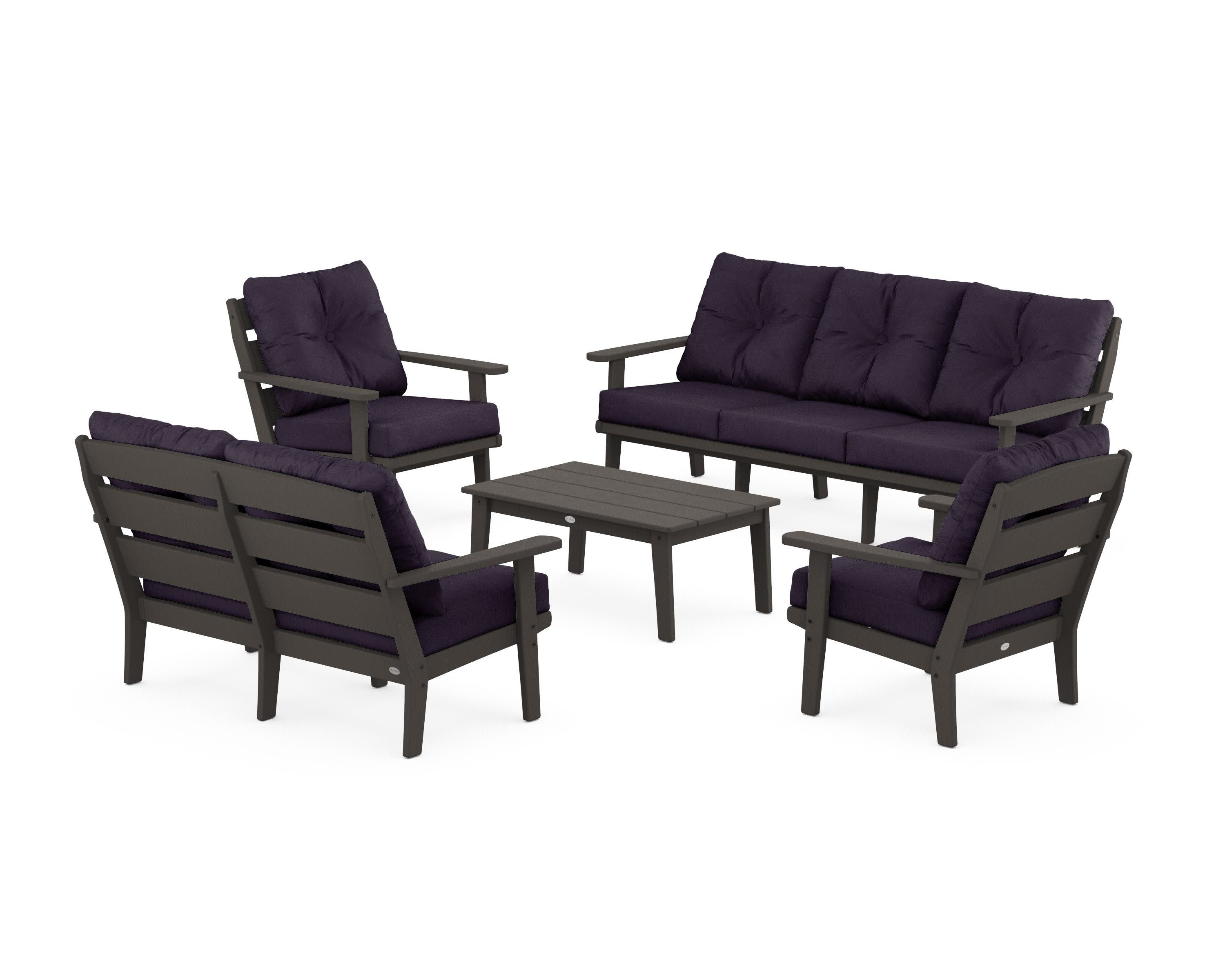 Lakeside 5-Piece Lounge Sofa Set in Vintage Coffee / Navy Linen