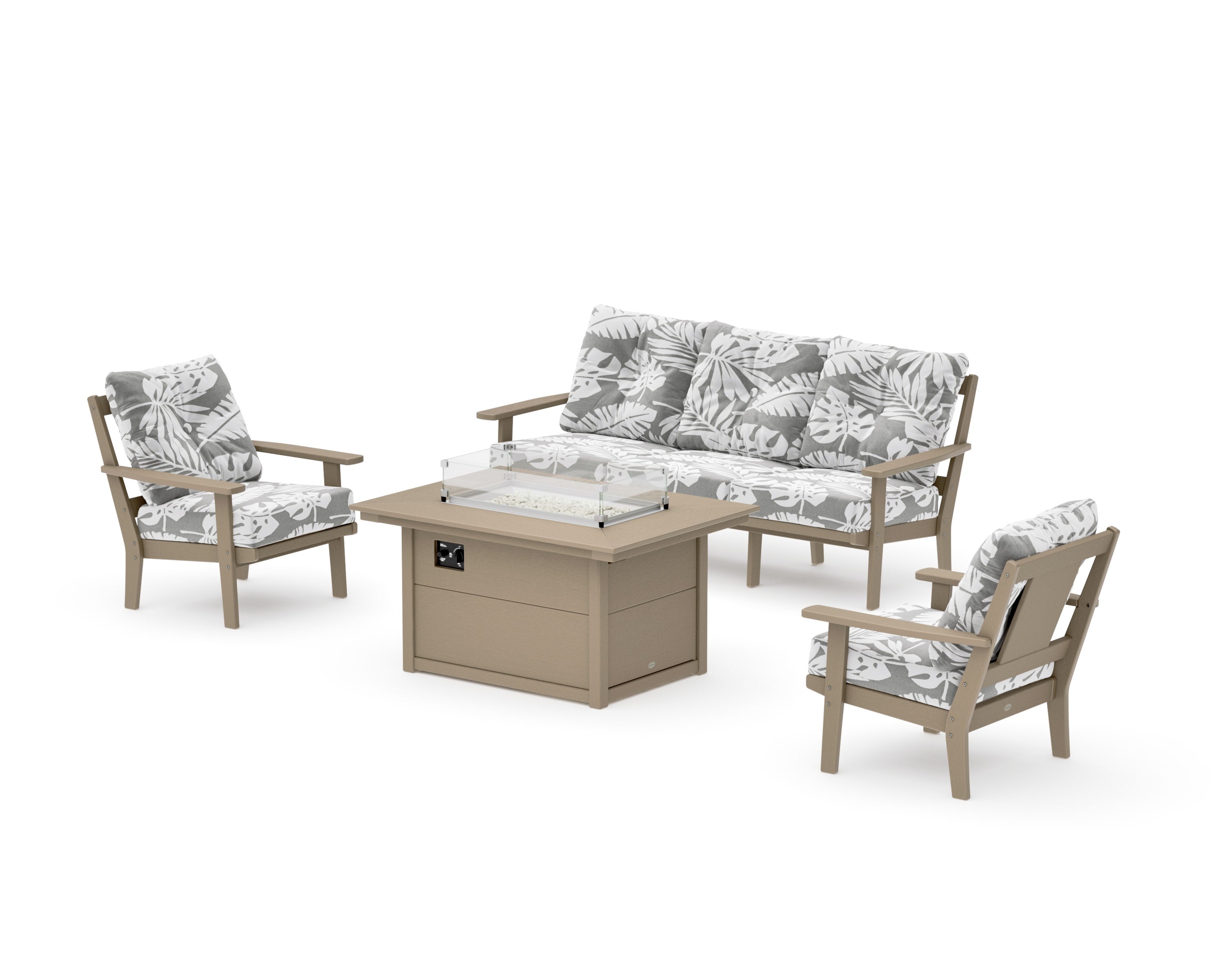 Prairie Deep Seating Fire Pit Table Set in Vintage Sahara / Leaf Grey Mist