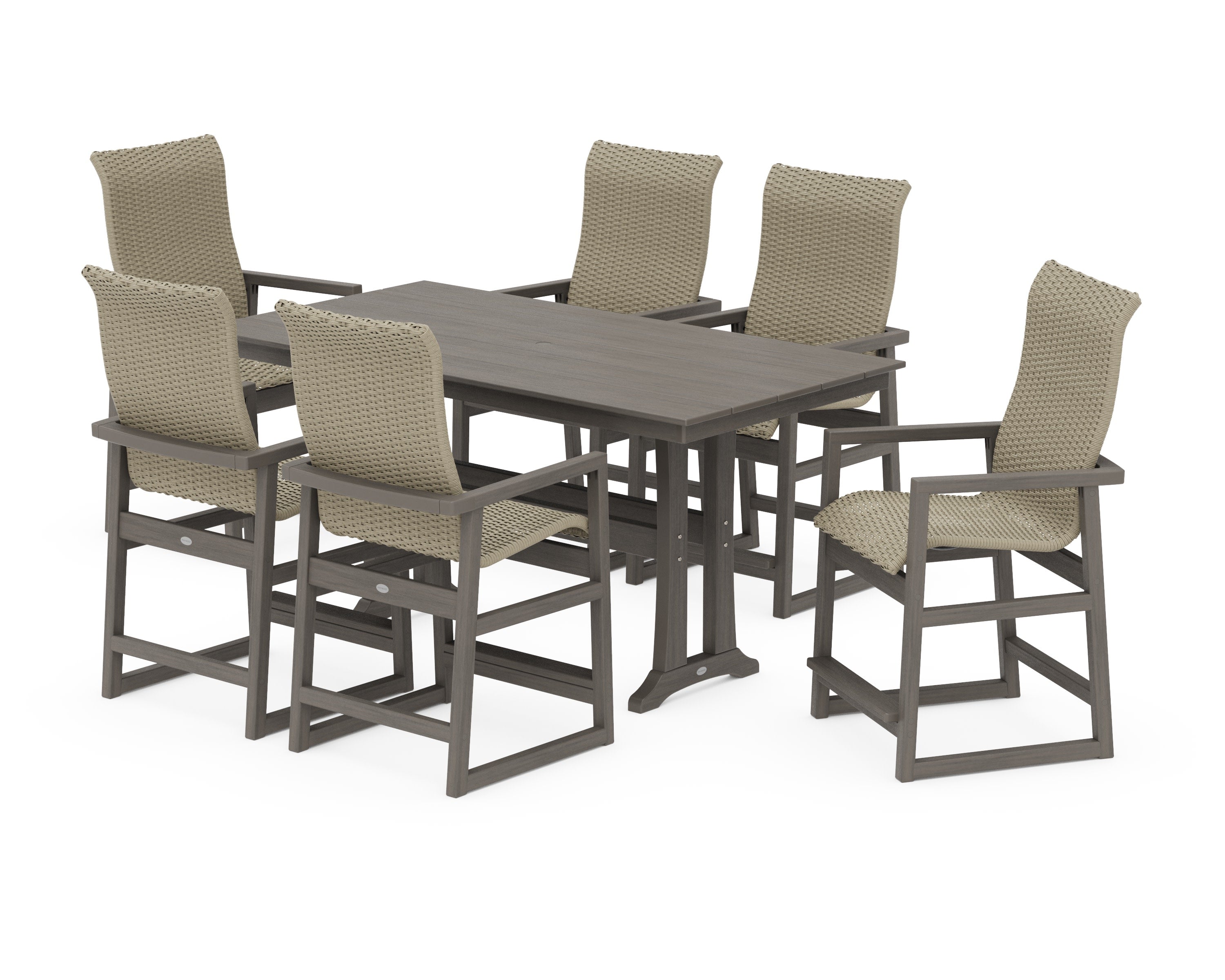 EDGE Woven Highback Arm Chair 7-Piece Farmhouse Counter Set with Trestle Legs in Driftwood / Dune Grass
