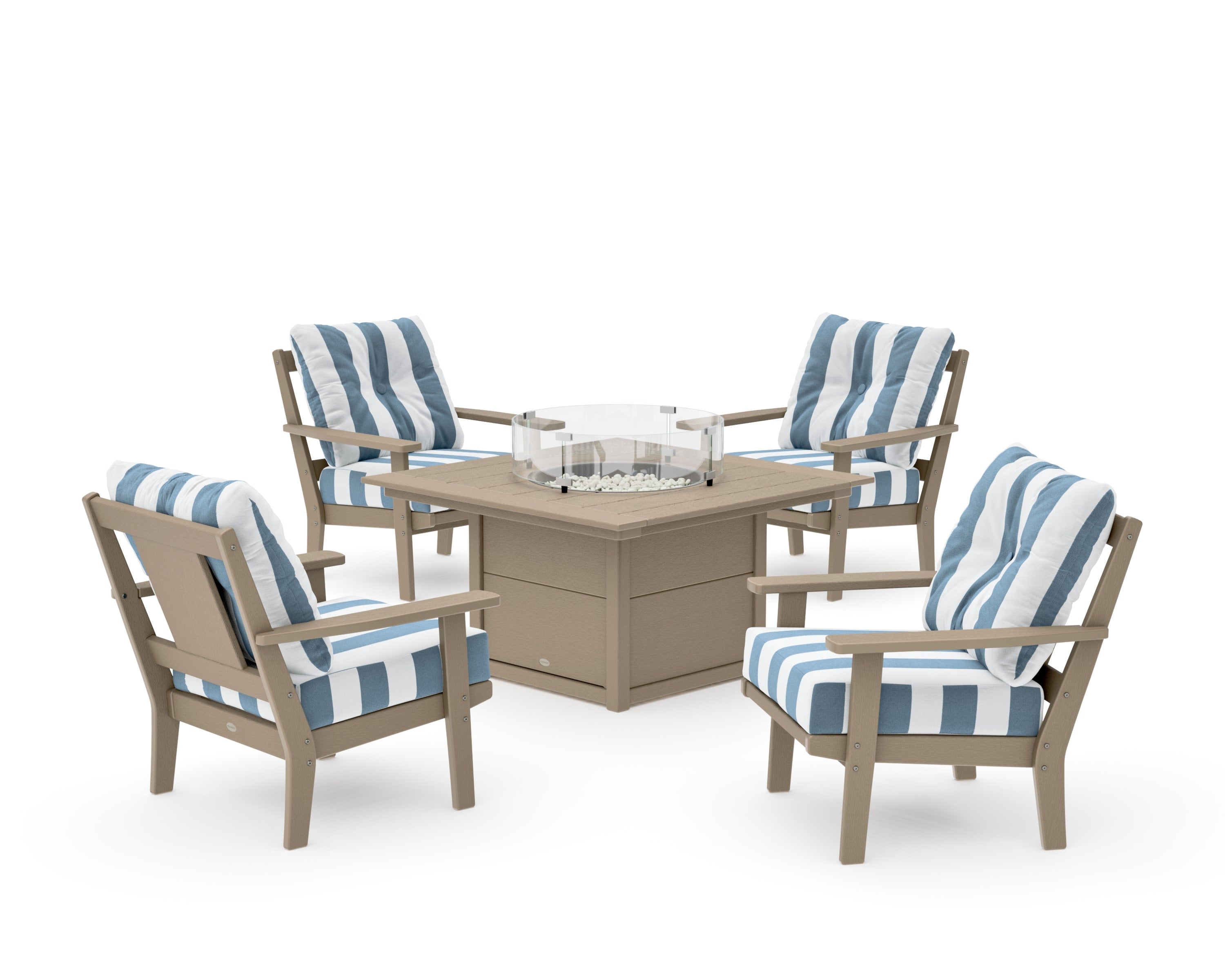Prairie 5-Piece Deep Seating Set with Fire Pit Table in Vintage Sahara / Cabana Stripe Sky Blue