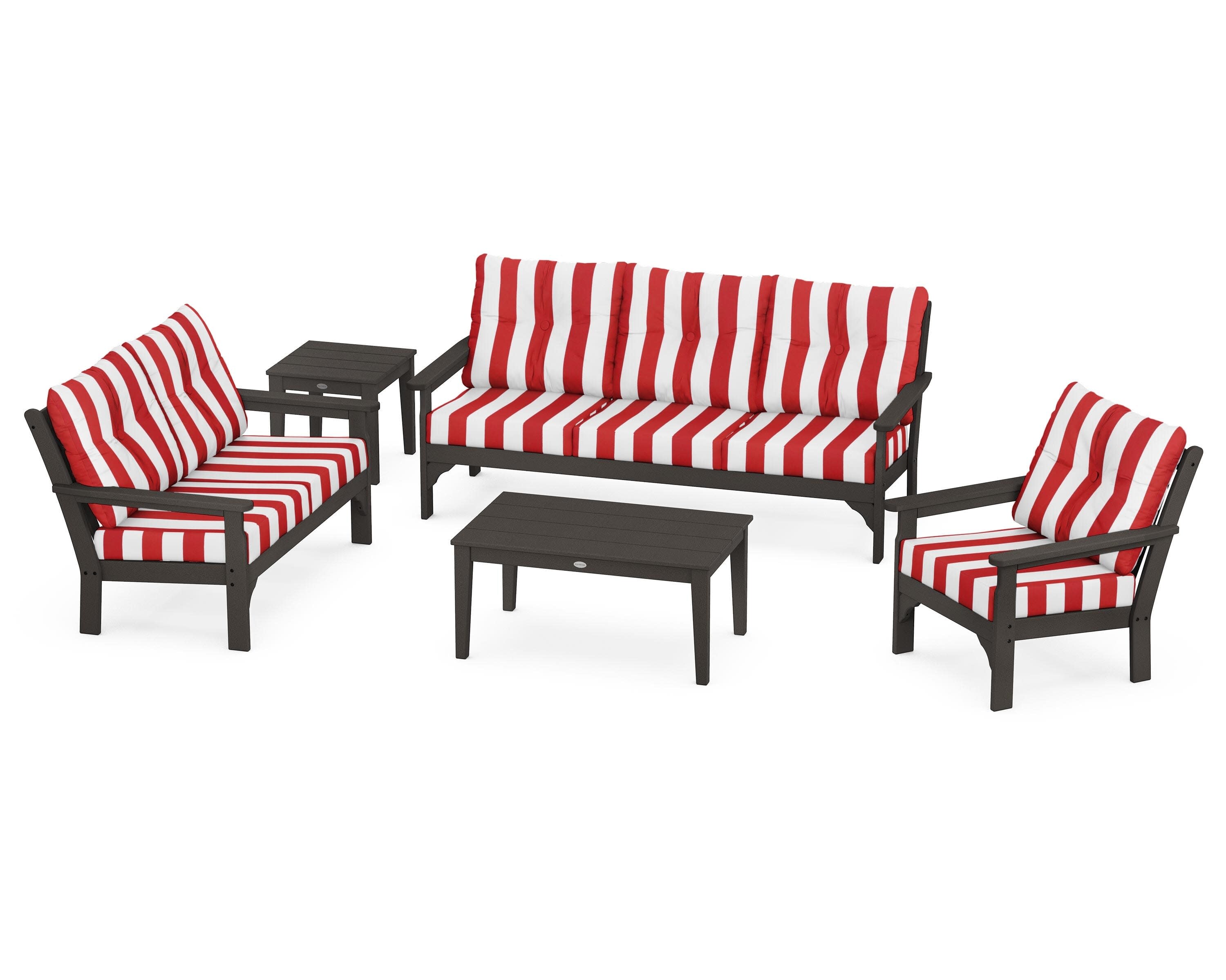 Vineyard 5 Piece Deep Seating Set in Vintage Coffee / Cabana Stripe Crimson