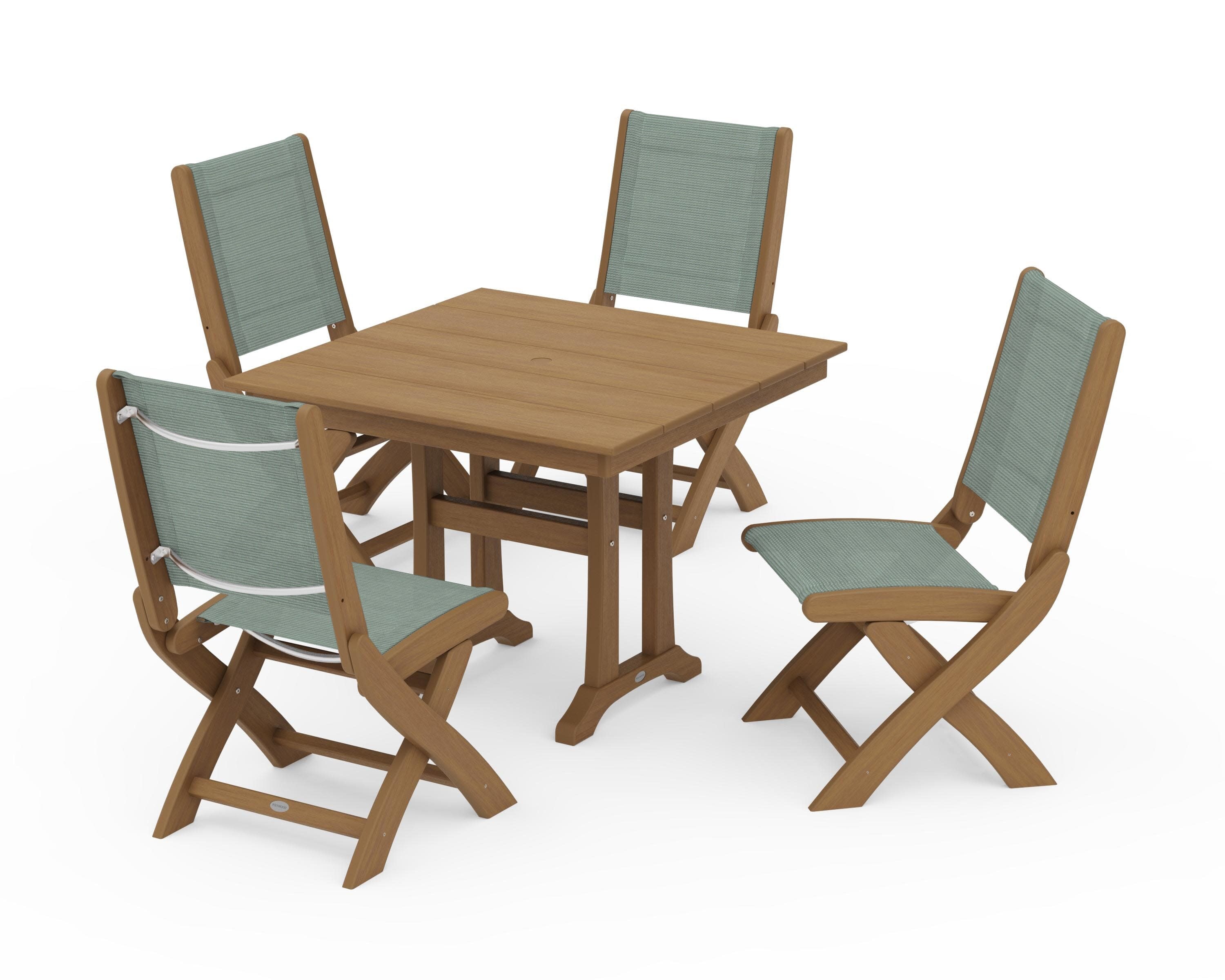 Coastal Folding Side Chair 5-Piece Farmhouse Dining Set With Trestle Legs in Natural / Dupioni Sea Mist Sling