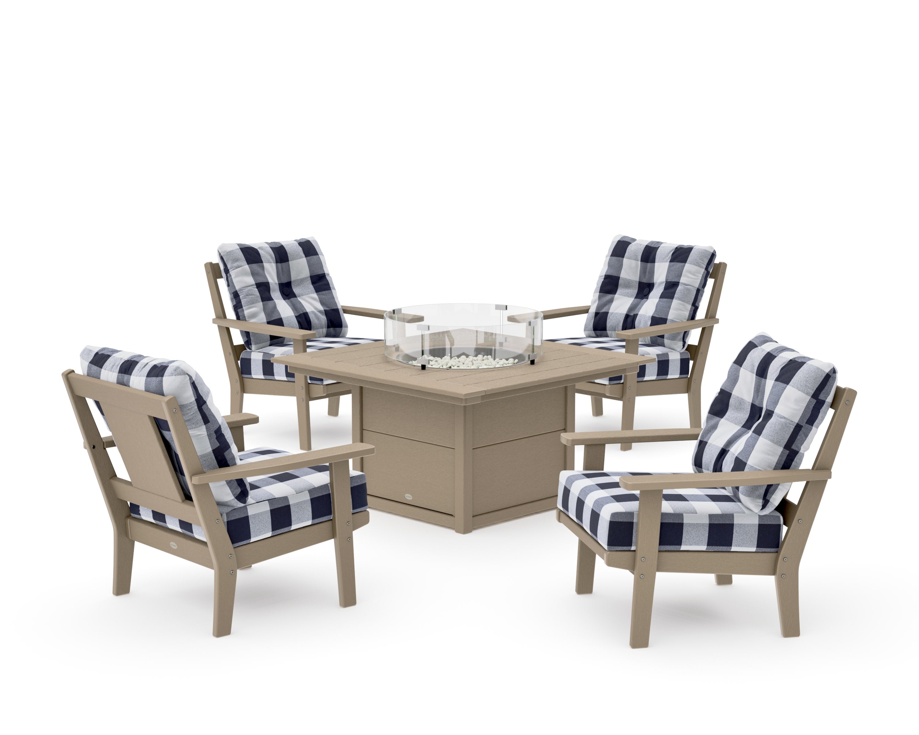 Prairie 5-Piece Deep Seating Set with Fire Pit Table in Vintage Sahara / Buffalo Plaid Navy