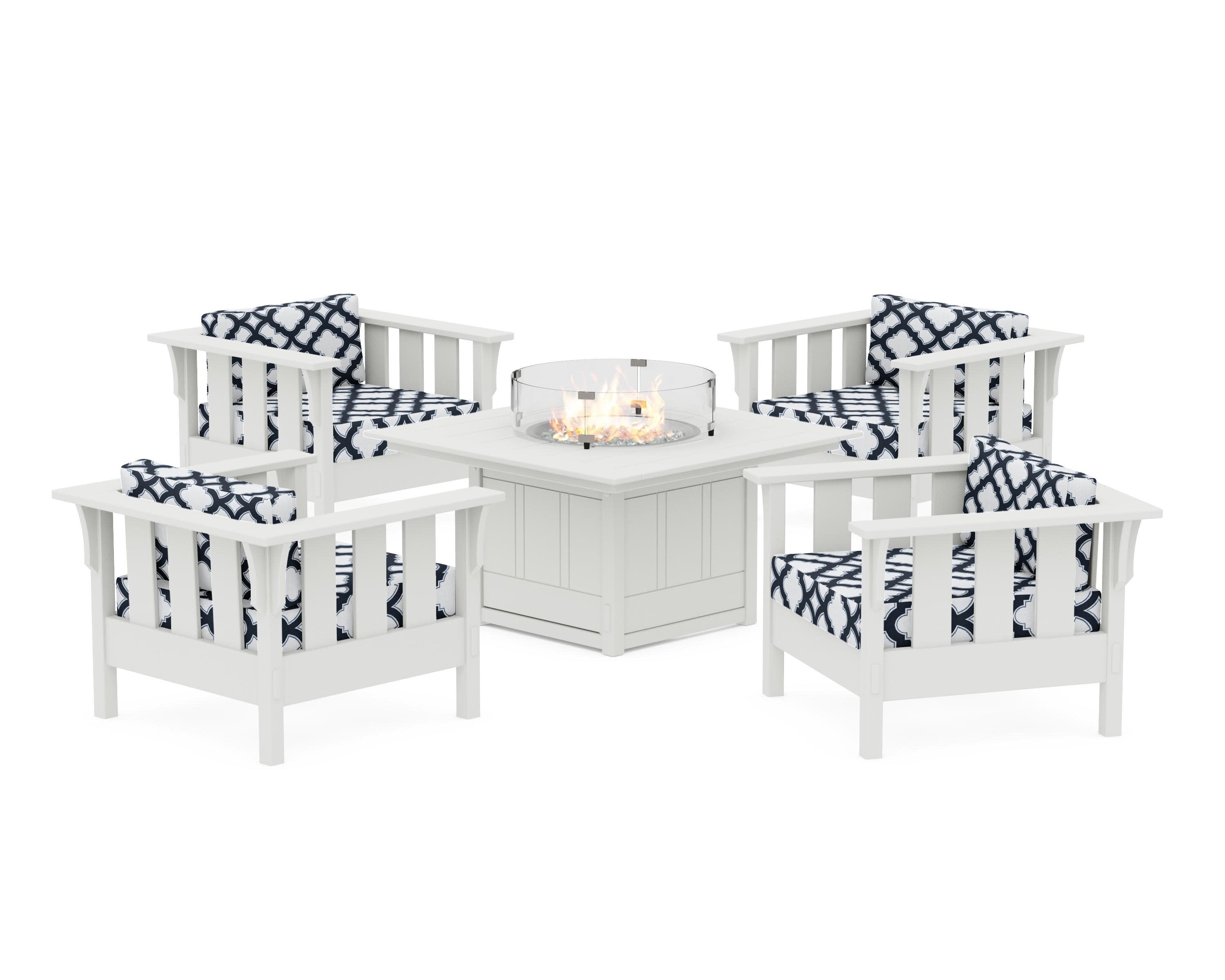 Acadia 5-Piece Deep Seating Set with Fire Pit Table in Vintage White / Trellis Marine Indigo
