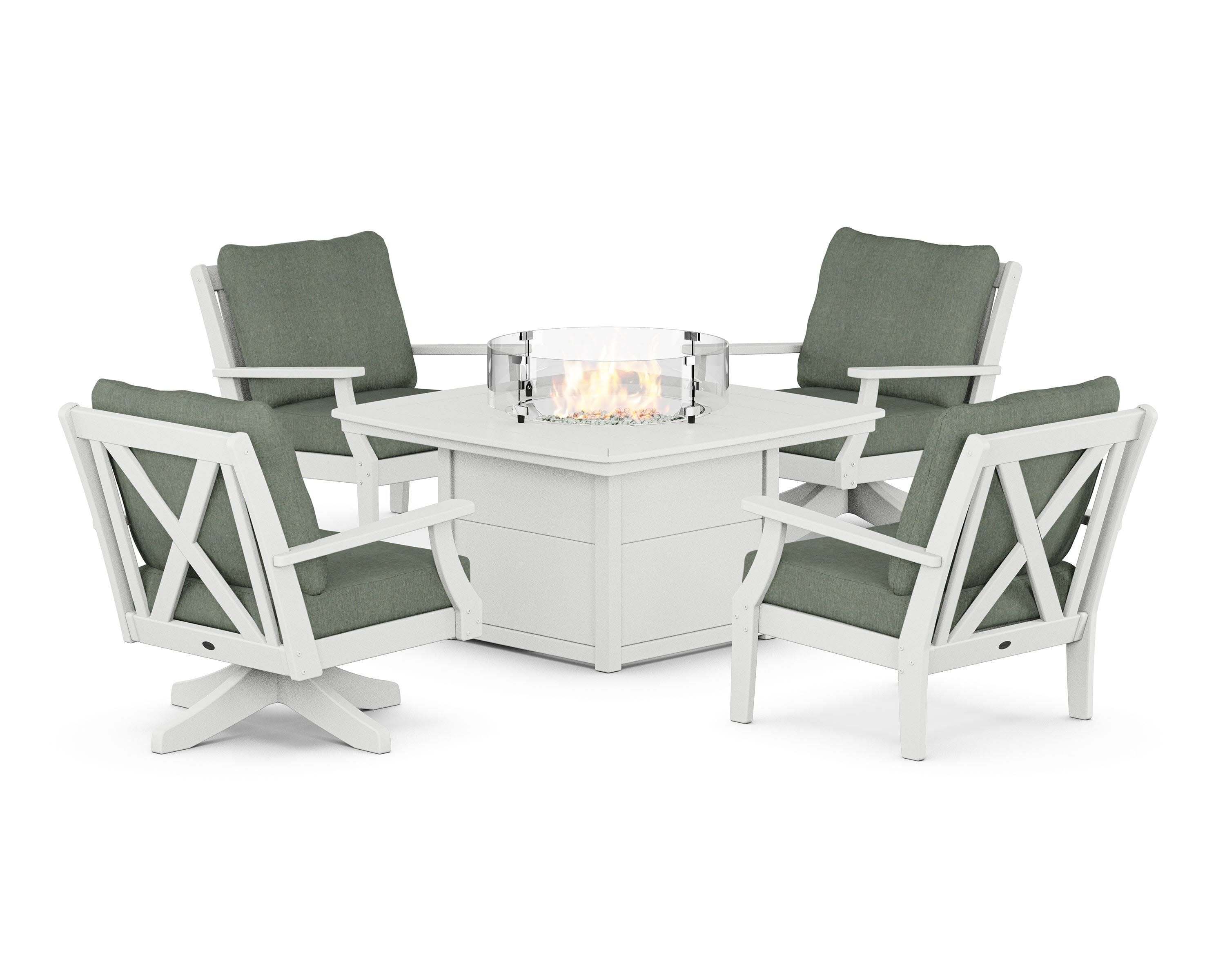 Braxton 5-Piece Deep Seating Set with Fire Table in White / Cast Sage