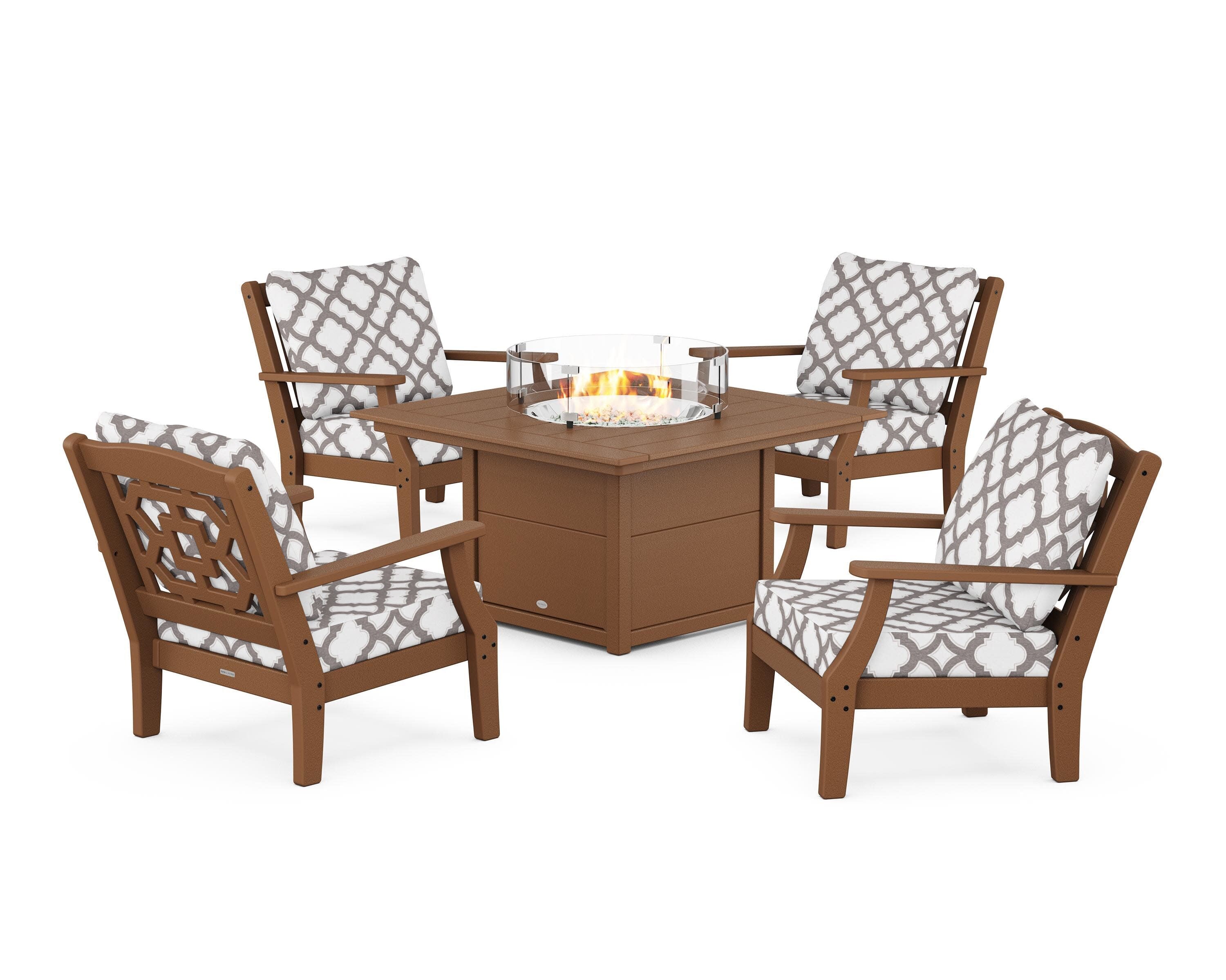Chinoiserie 5-Piece Deep Seating Set with Fire Pit Table in Teak / Trellis Grey Mist