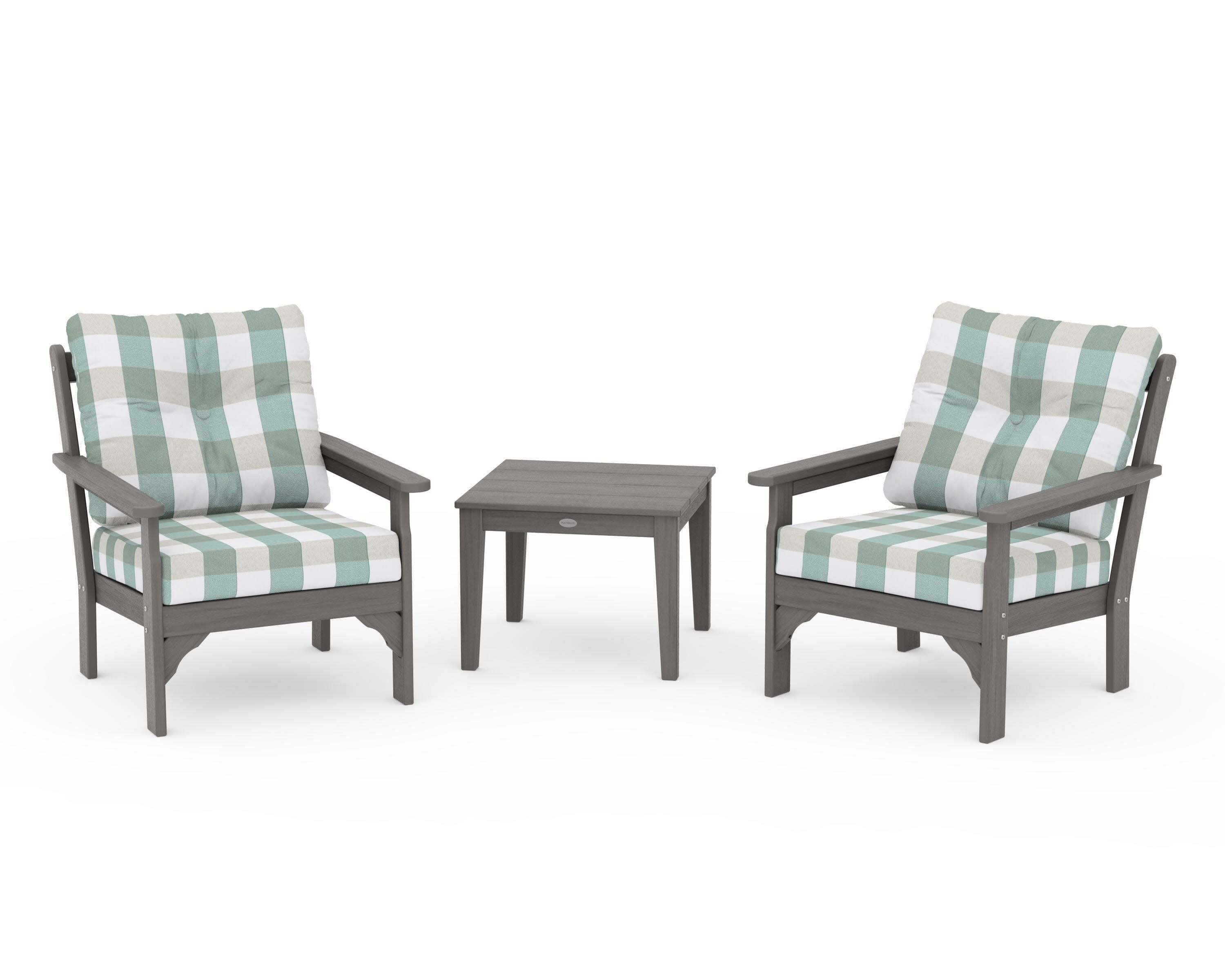 Vineyard 3-Piece Deep Seating Set in Driftwood / Buffalo Plaid Glacier Spa