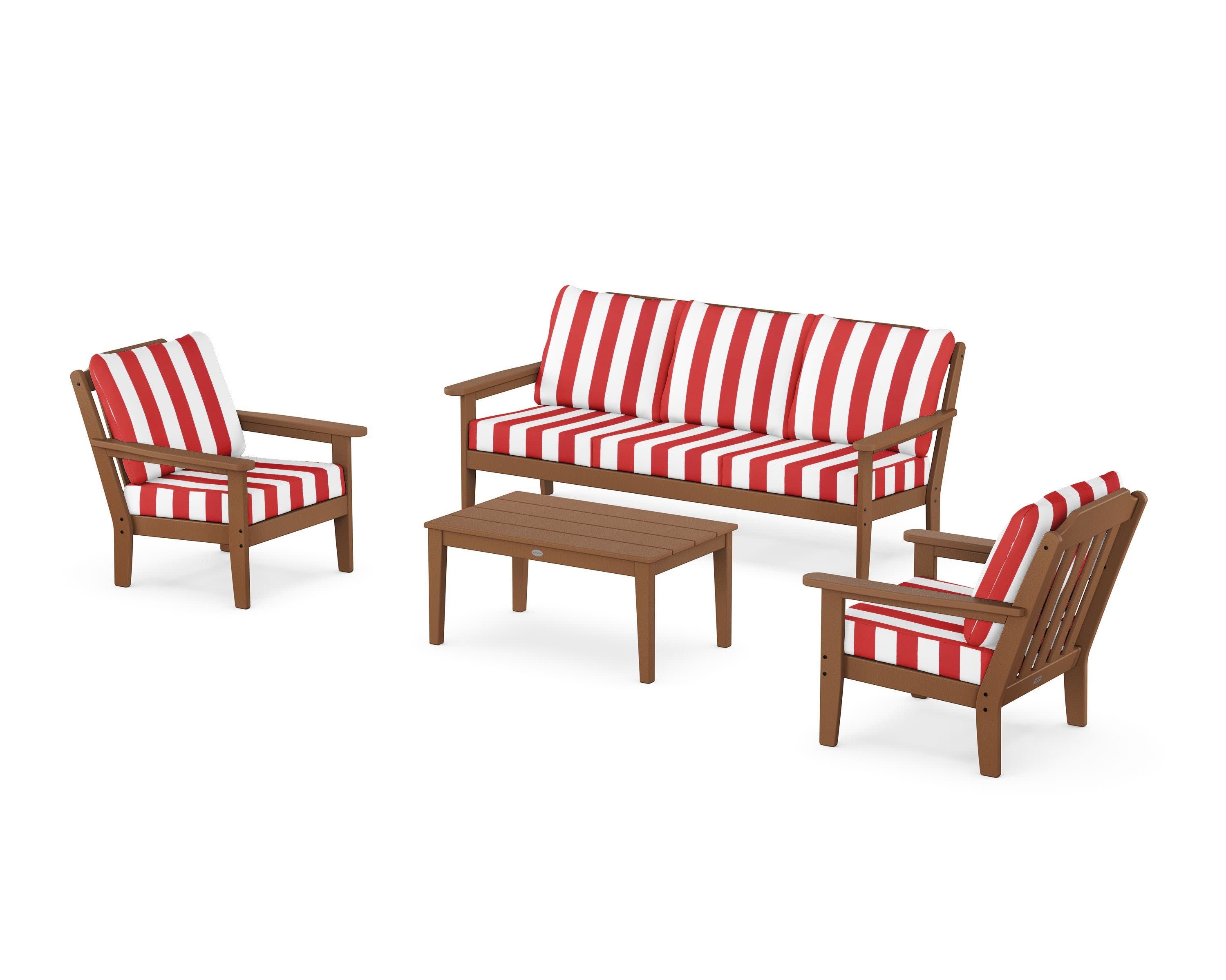 Cottage 4-Piece Deep Seating Set with Sofa in Teak / Cabana Stripe Crimson