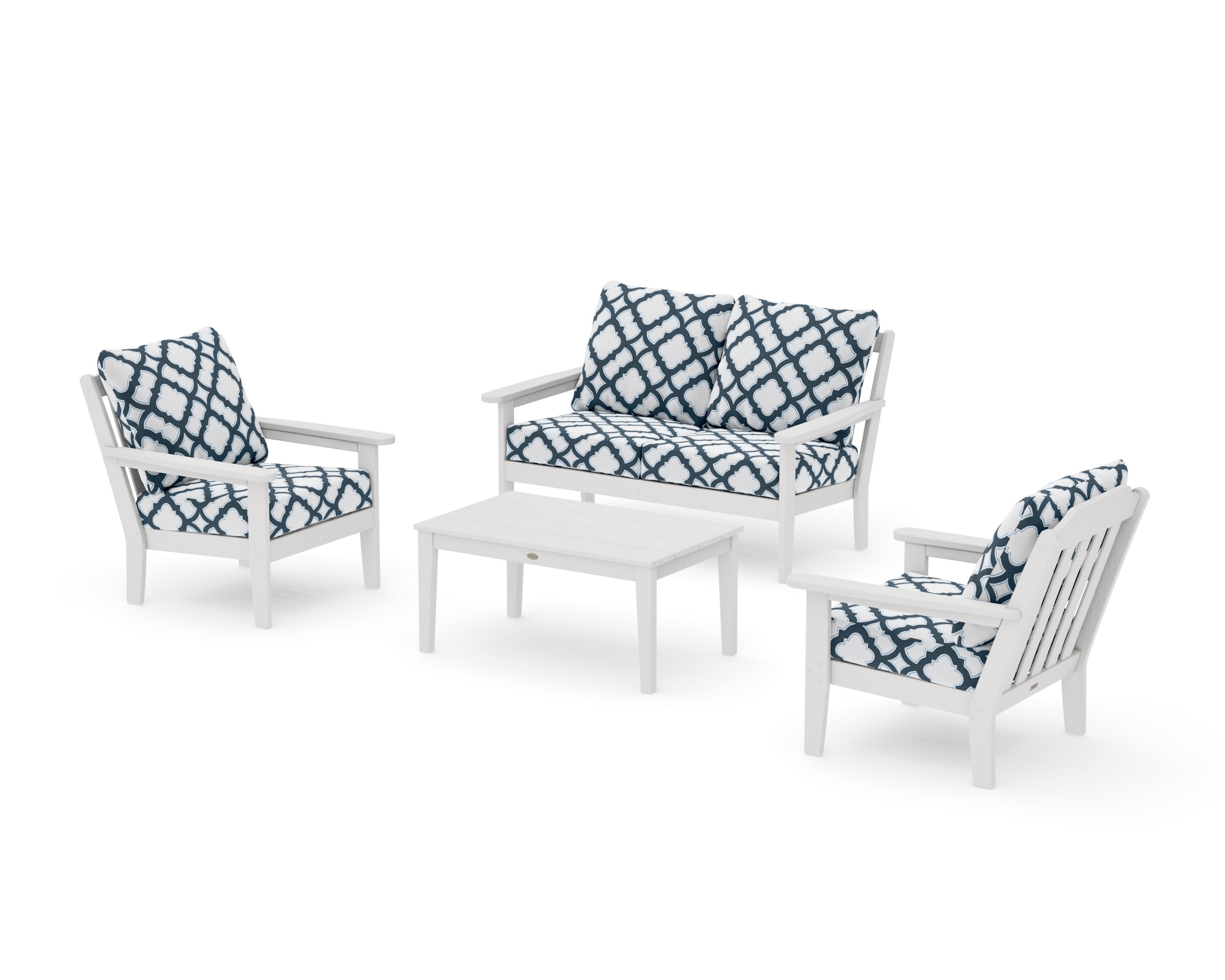 Cottage 4-Piece Deep Seating Set with Loveseat in Vintage White / Trellis Marine Indigo