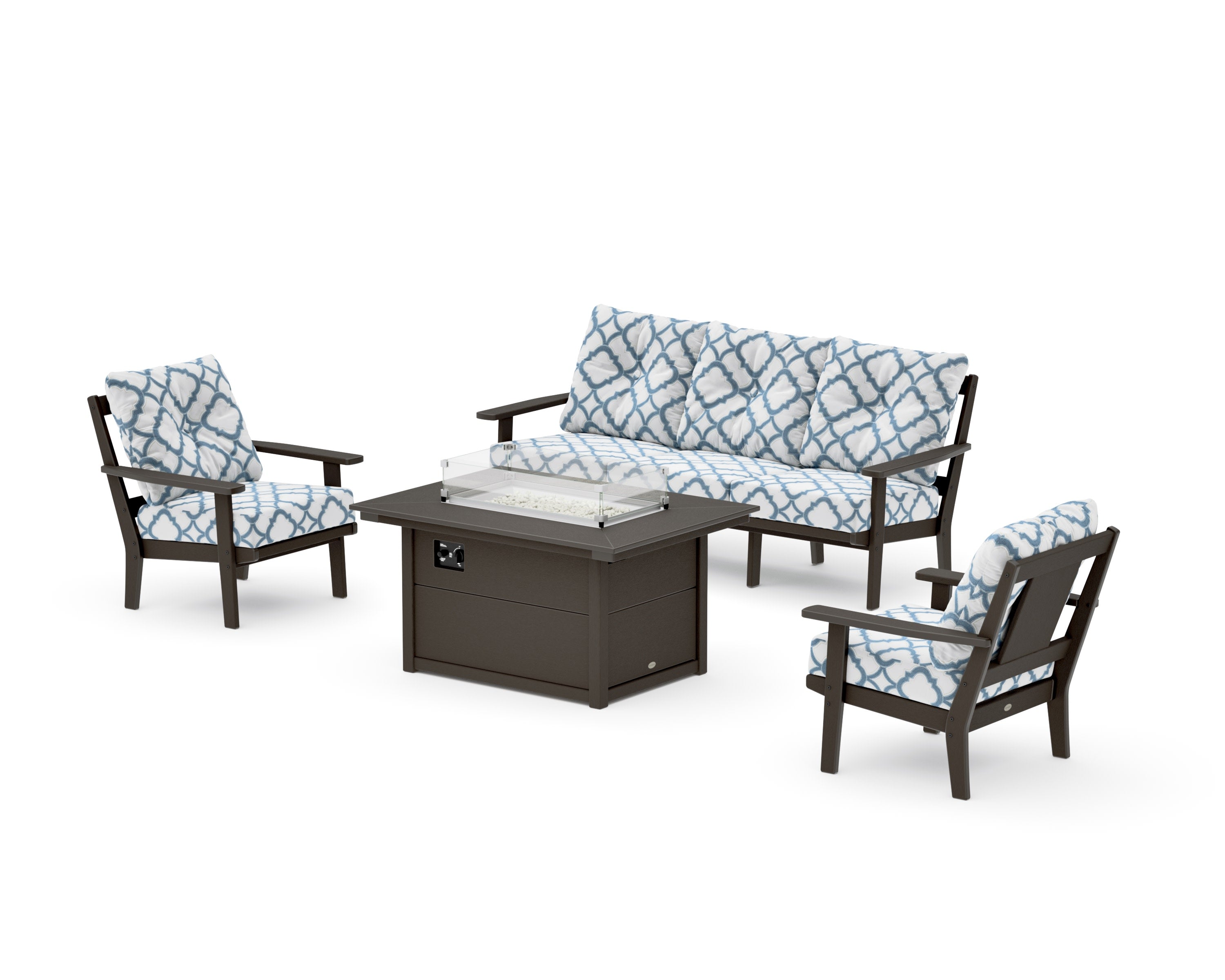 Prairie Deep Seating Fire Pit Table Set in Vintage Coffee / Trellis Sky Blue