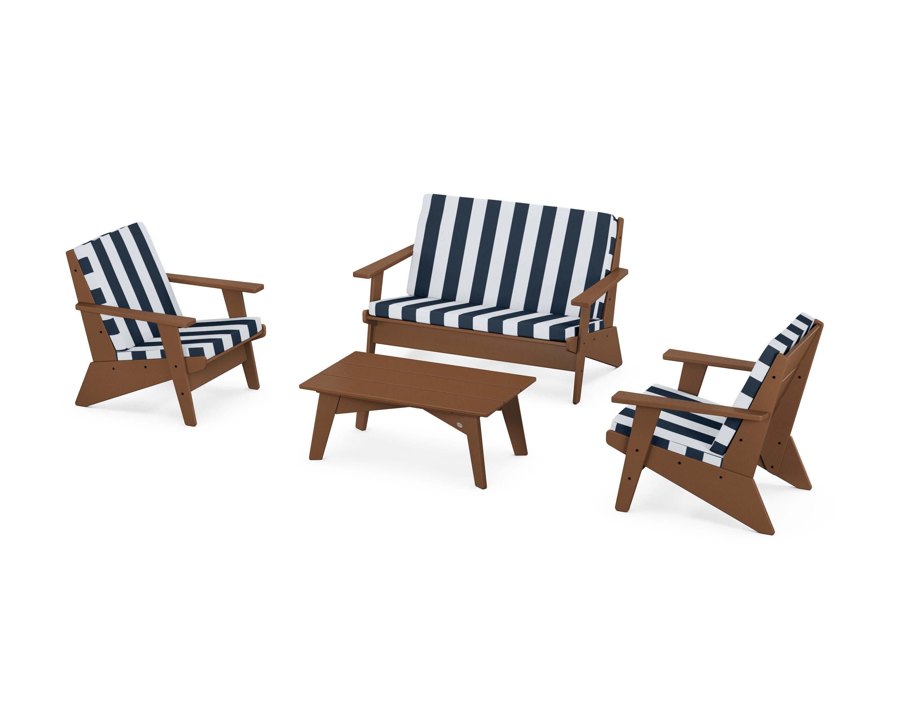 Riviera Modern Lounge 4-Piece Set in Teak / Cabana Stripe Marine Indigo