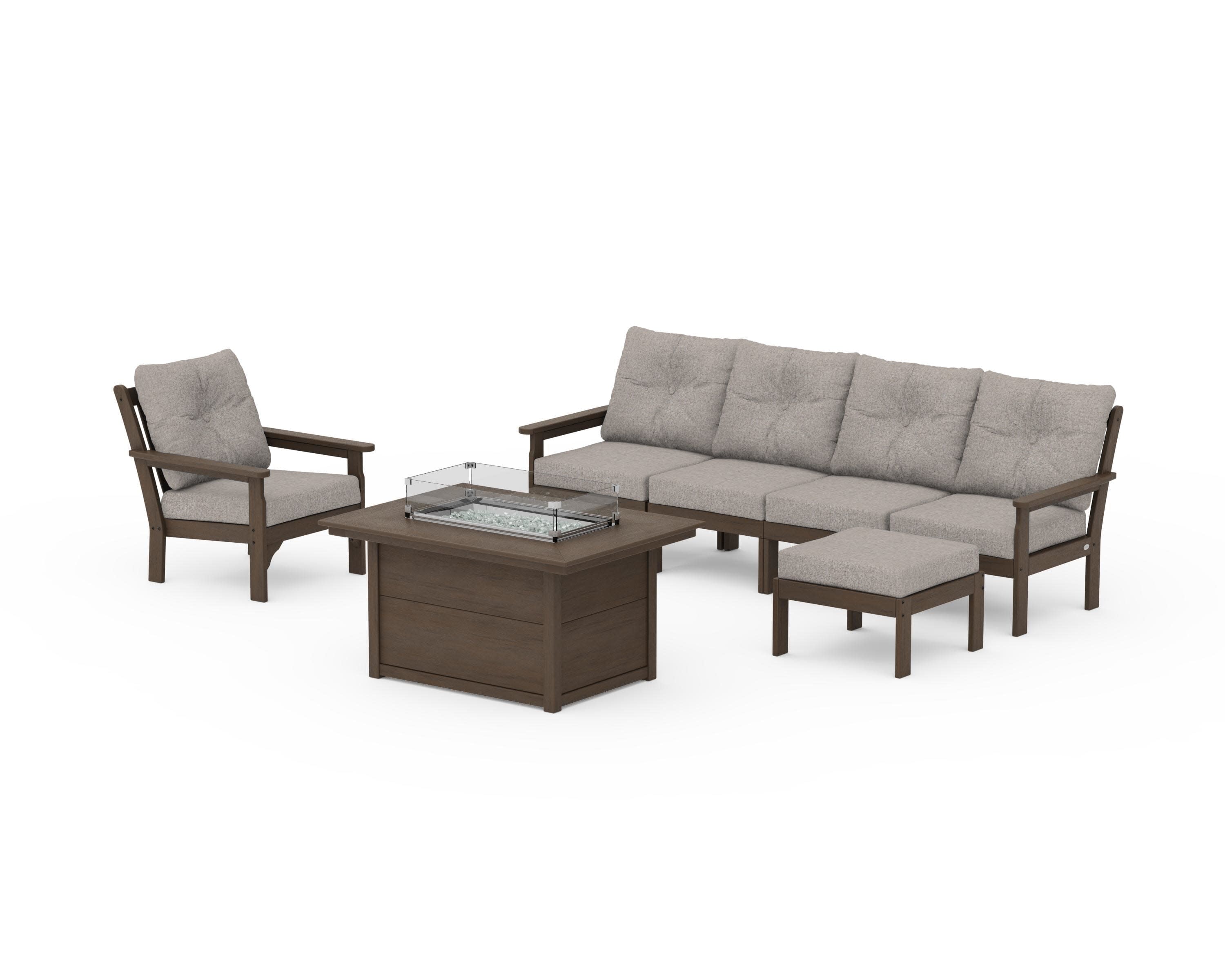 Vineyard Sectional Lounge and Fire Pit Set in Kona / Weathered Tweed