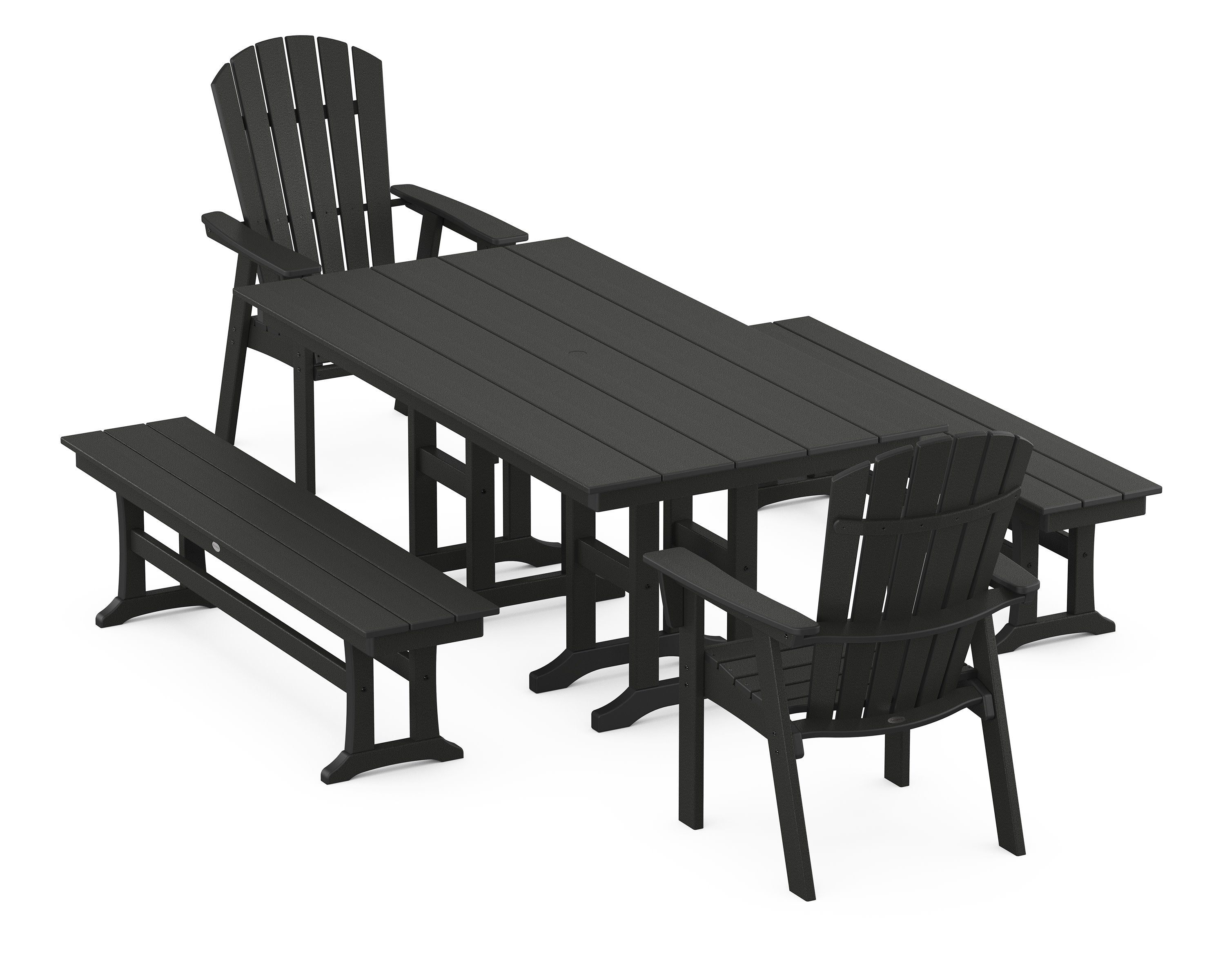 Nautical Curveback Adirondack 5-Piece Farmhouse Dining Set with Benches in Black