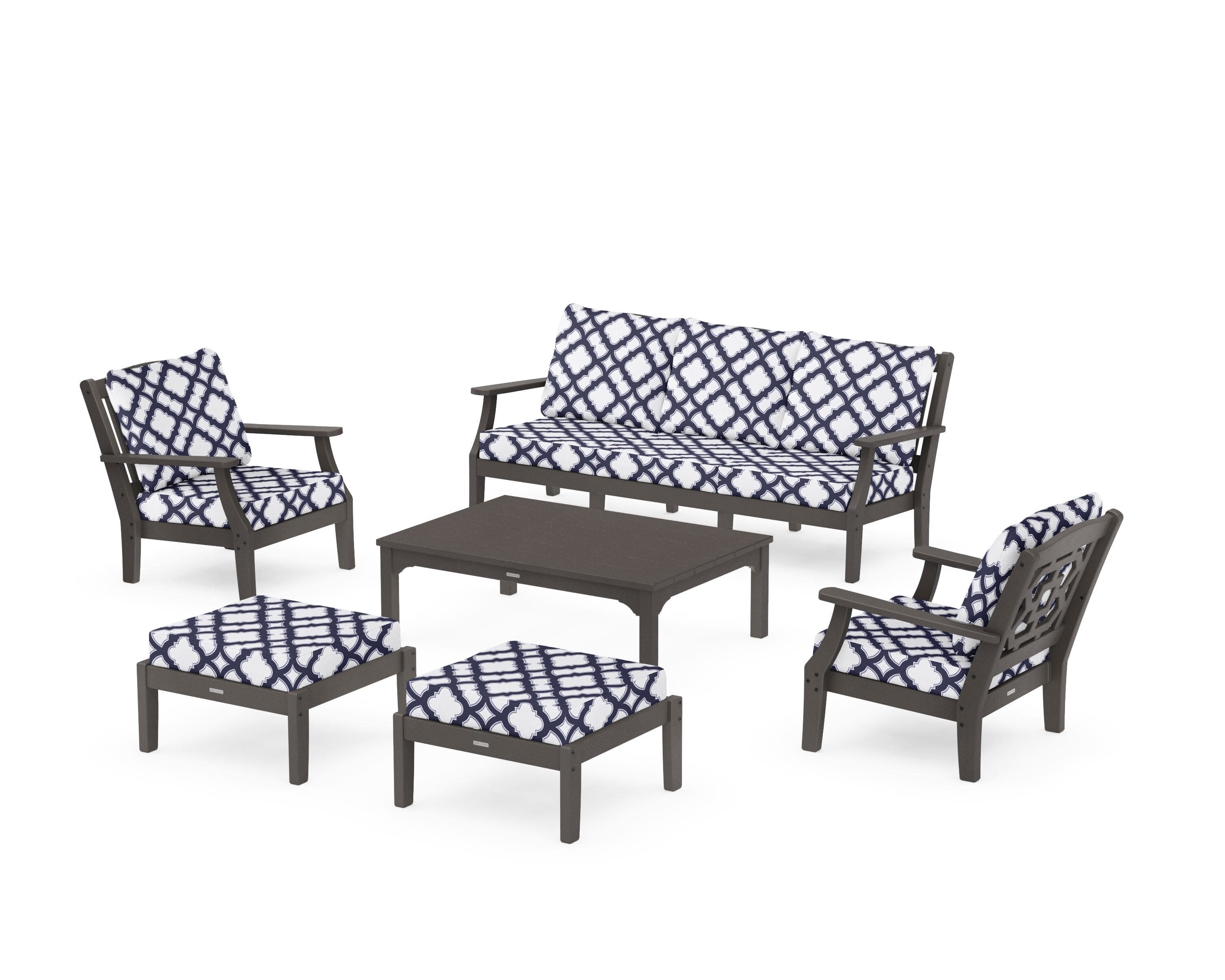 Chinoiserie 6-Piece Lounge Sofa Set in Vintage Coffee / Trellis Navy