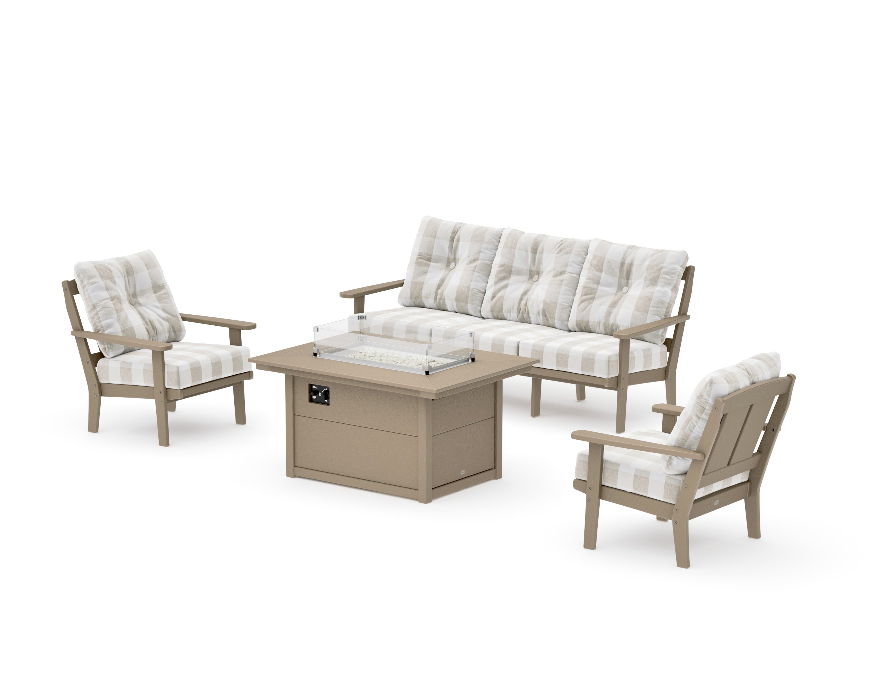 Mission Deep Seating Fire Pit Table Set in Vintage Sahara / Buffalo Plaid Dune Burlap