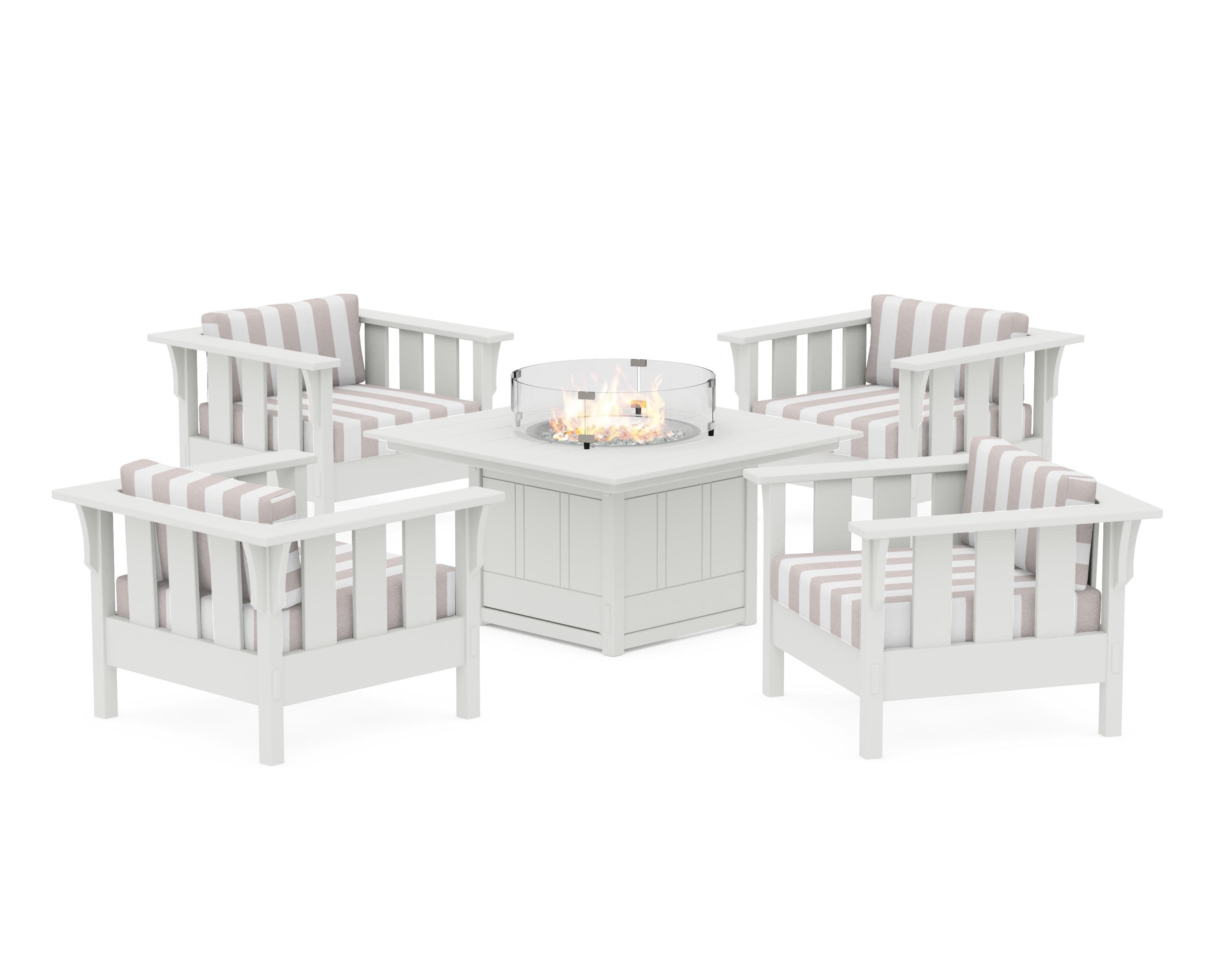 Acadia 5-Piece Deep Seating Set with Fire Pit Table in White / Cabana Stripe Dune Burlap
