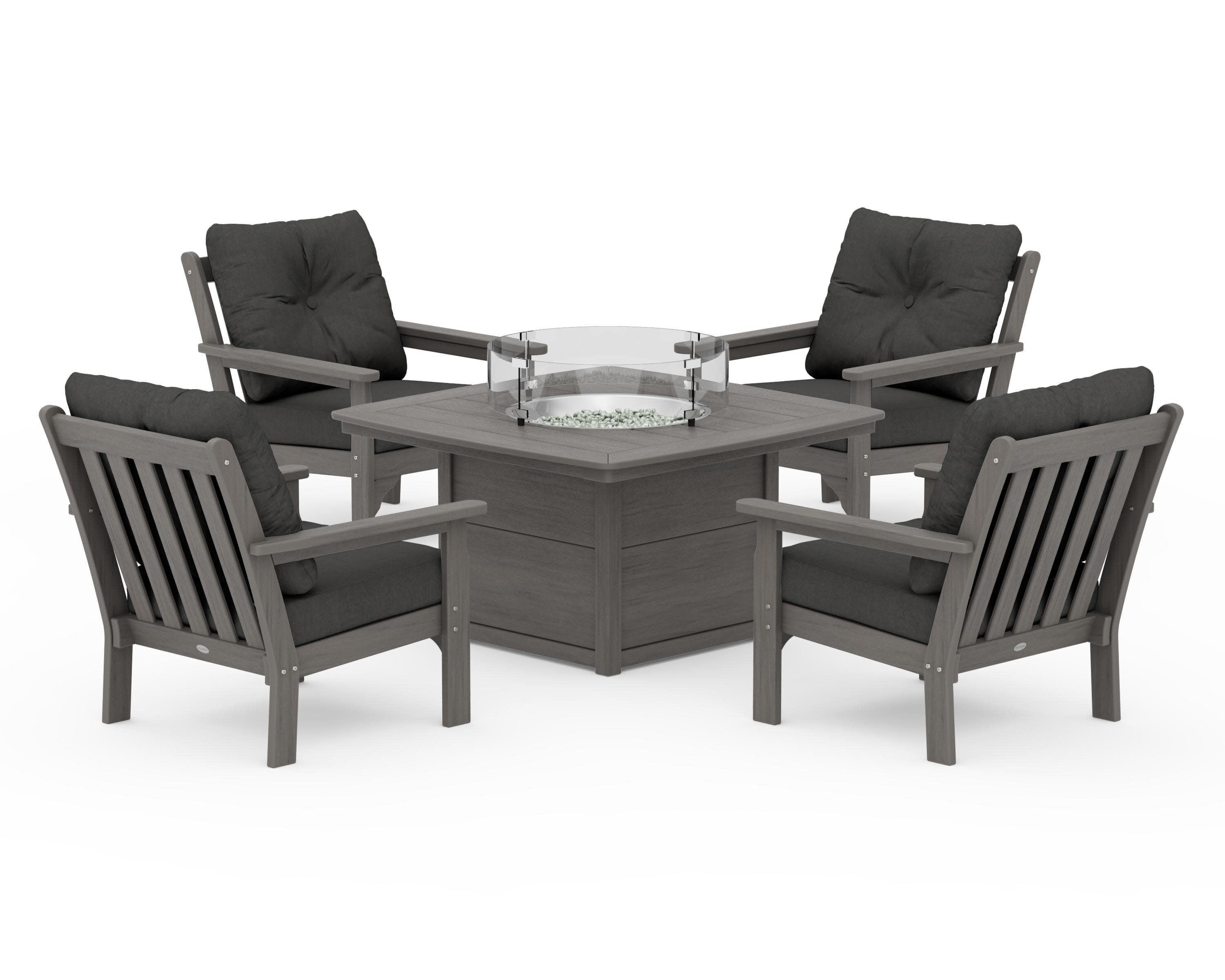 Vineyard 5-Piece Conversation Set with Fire Pit Table in Driftwood / Spectrum Carbon