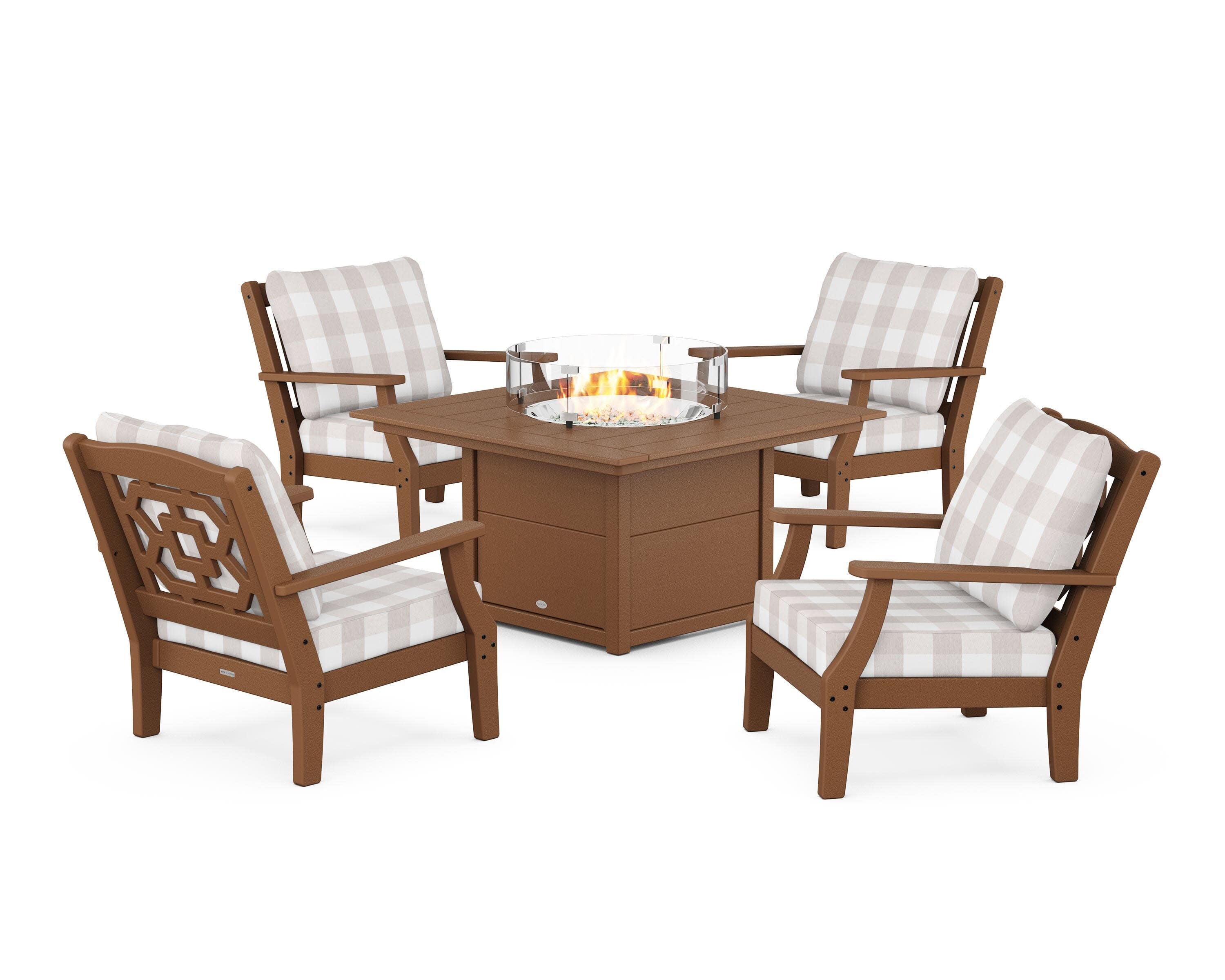 Chinoiserie 5-Piece Deep Seating Set with Fire Pit Table in Teak / Buffalo Plaid Dune Burlap
