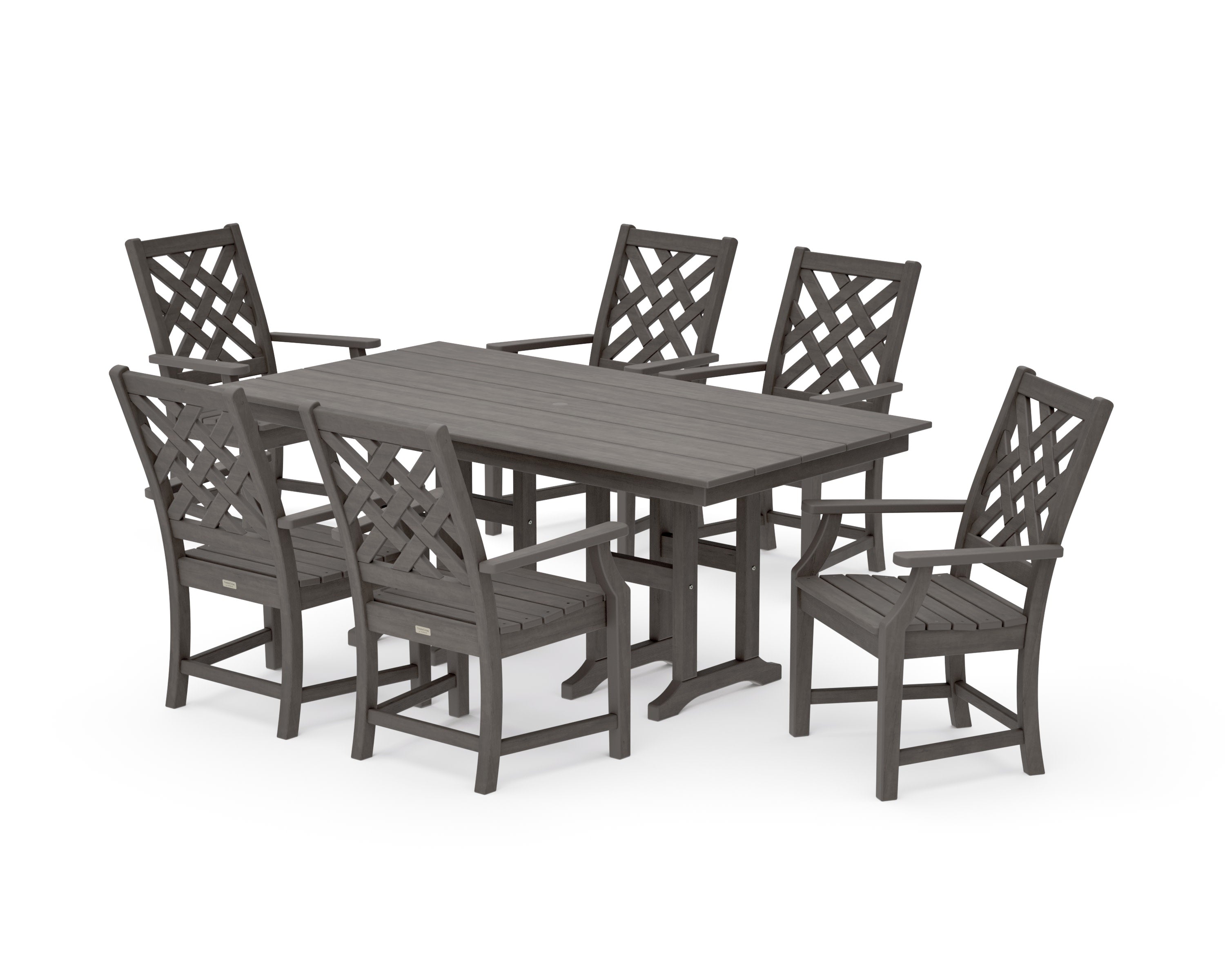 Wovendale Arm Chair 7-Piece Farmhouse Dining Set in Driftwood
