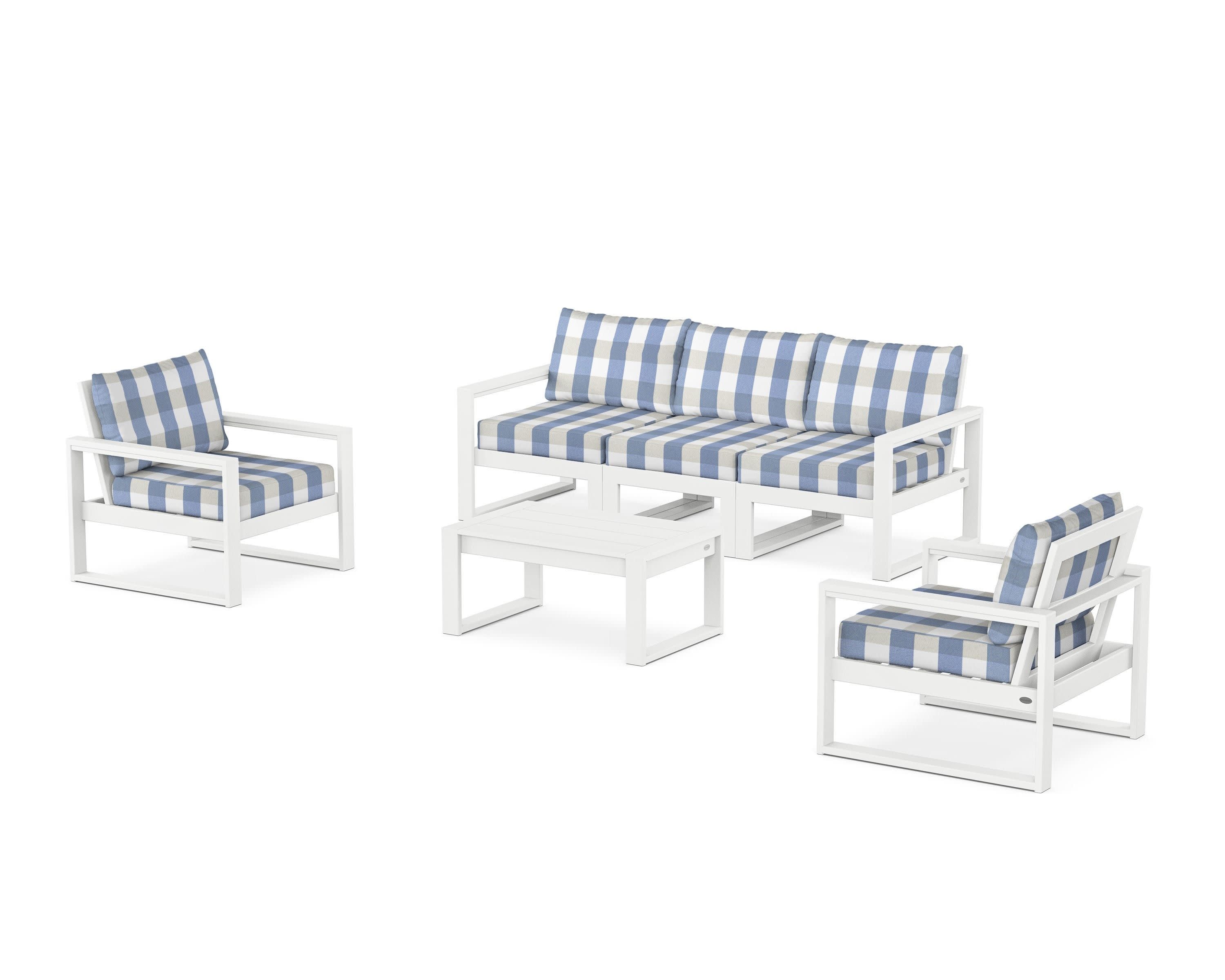 EDGE Sectional 4-Piece Deep Seating Set with Sofa in White / Buffalo Plaid Sky Blue