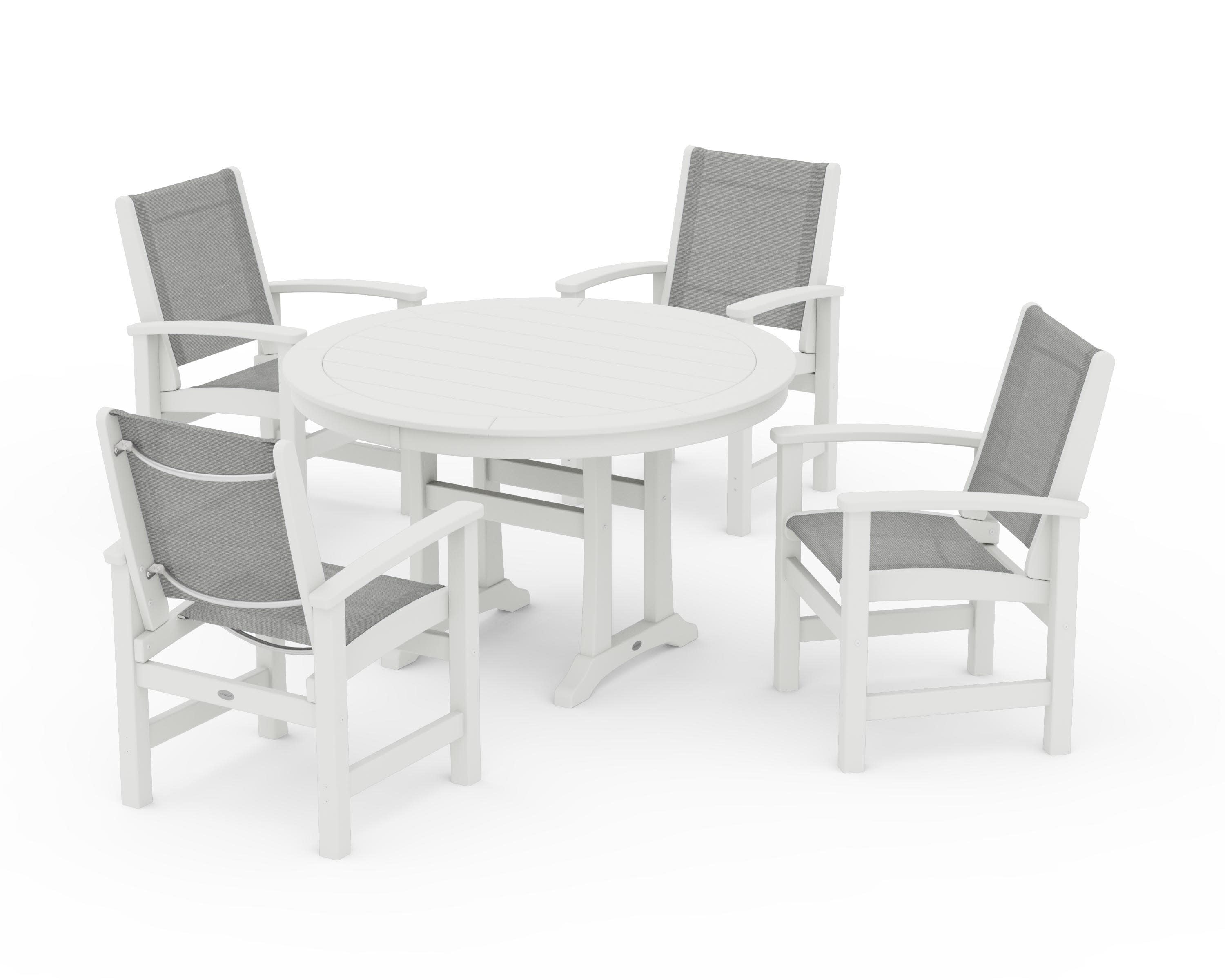 Coastal 5-Piece Round Dining Set with Trestle Legs in Vintage White / Metallic Sling