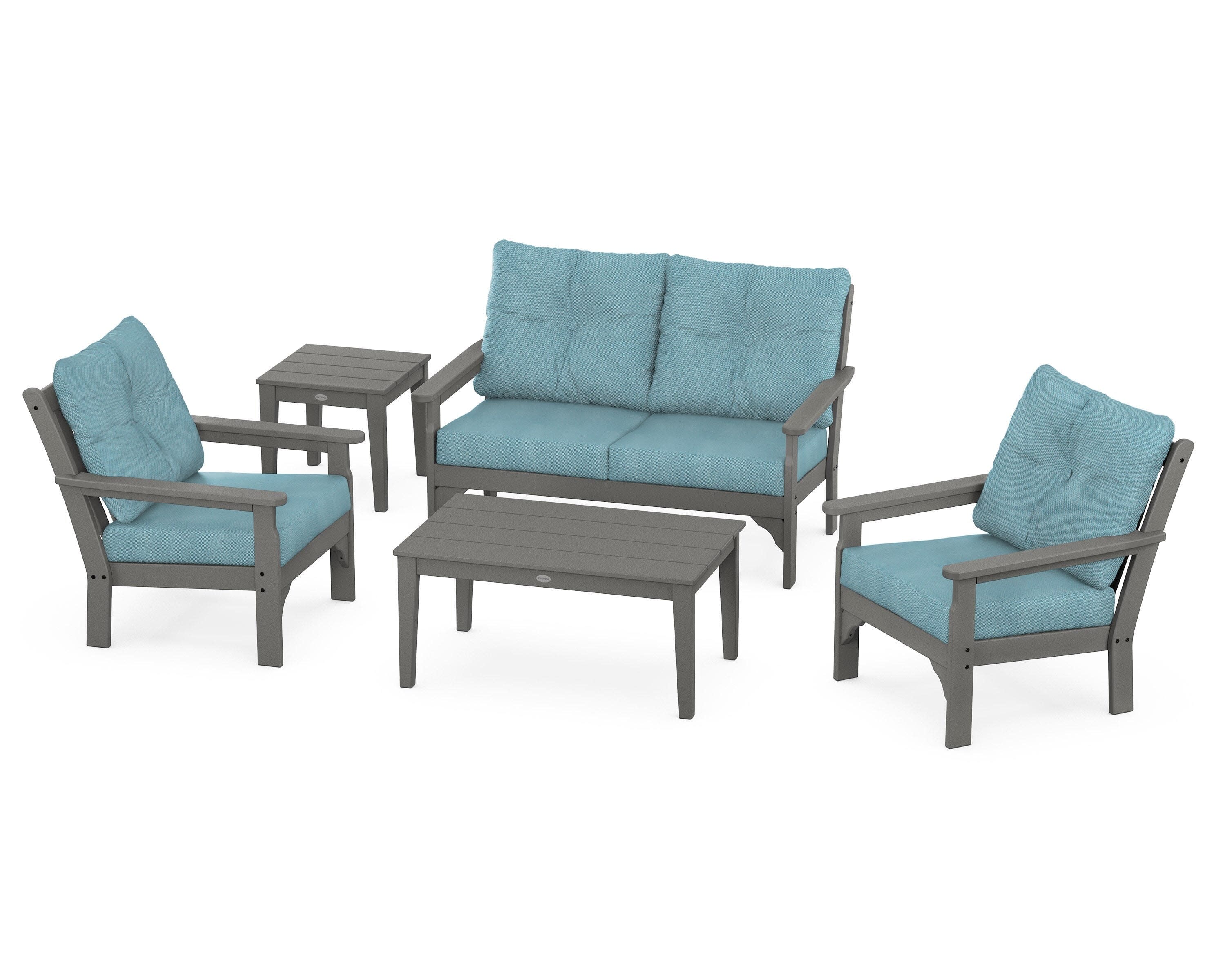 Vineyard 5-Piece Deep Seating Set in Slate Grey / Lattice Sky Blue