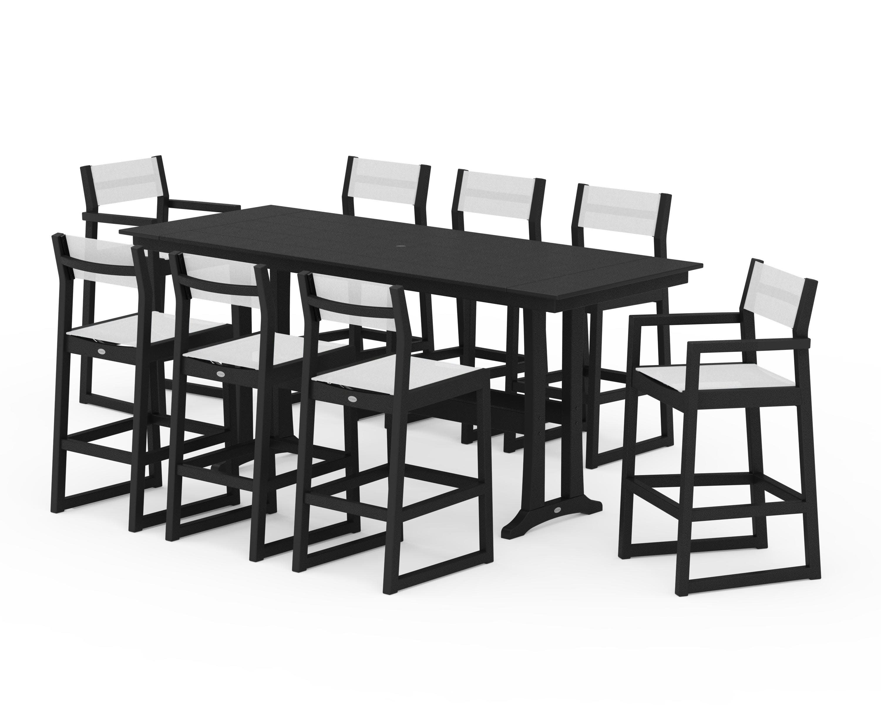 EDGE Sling 9-Piece Farmhouse Bar Set with Trestle Legs in Black / White Sling