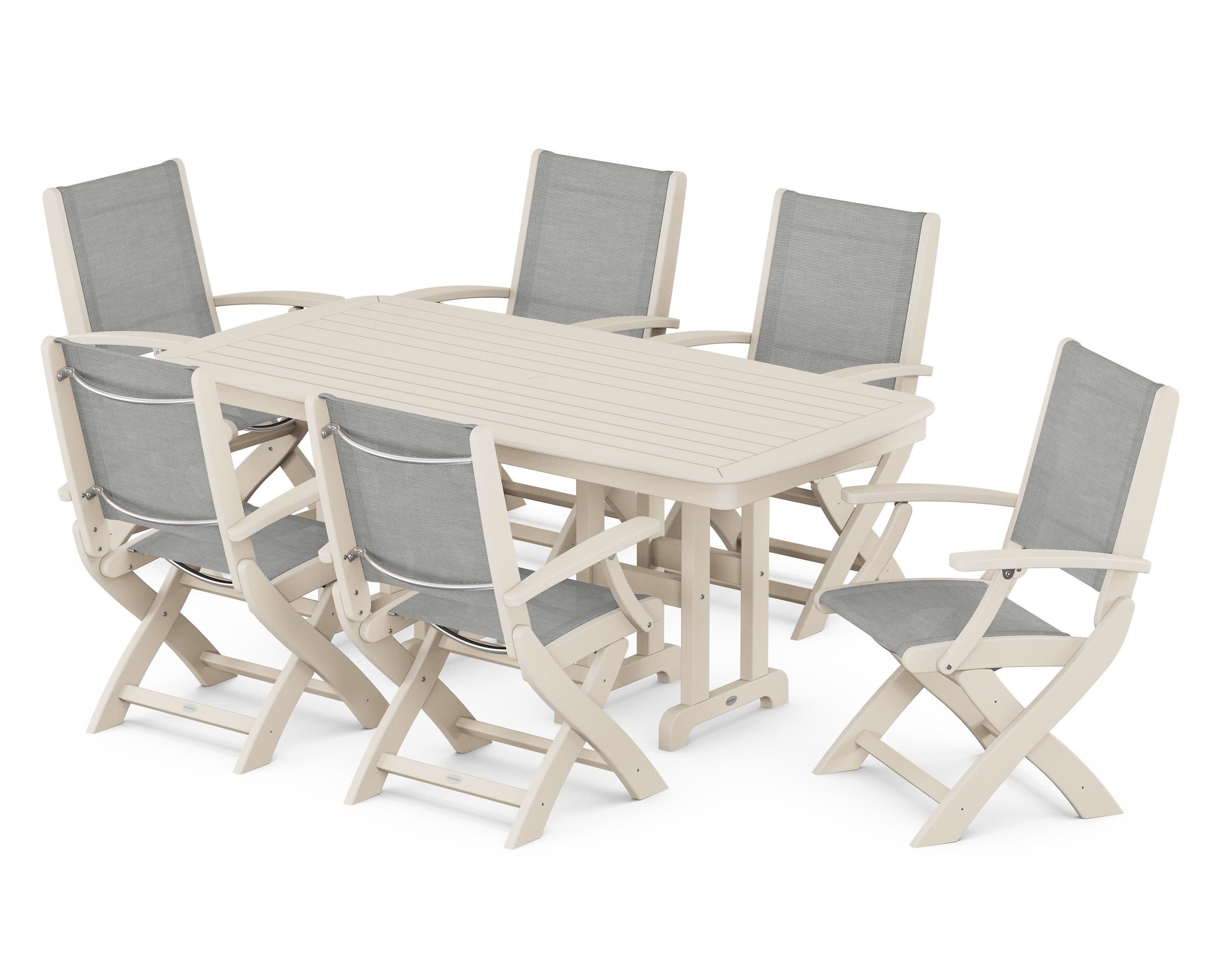 Coastal Folding Arm Chair 7-Piece Dining Set in Sand / Metallic Sling