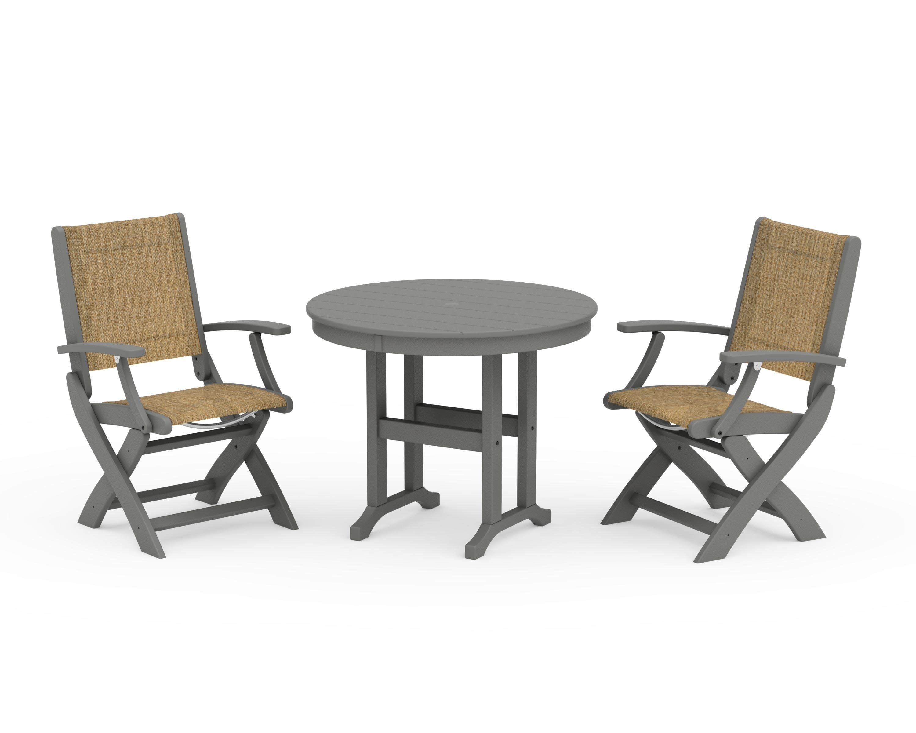 Coastal Folding Chair 3-Piece Round Dining Set in Slate Grey / Burlap Sling