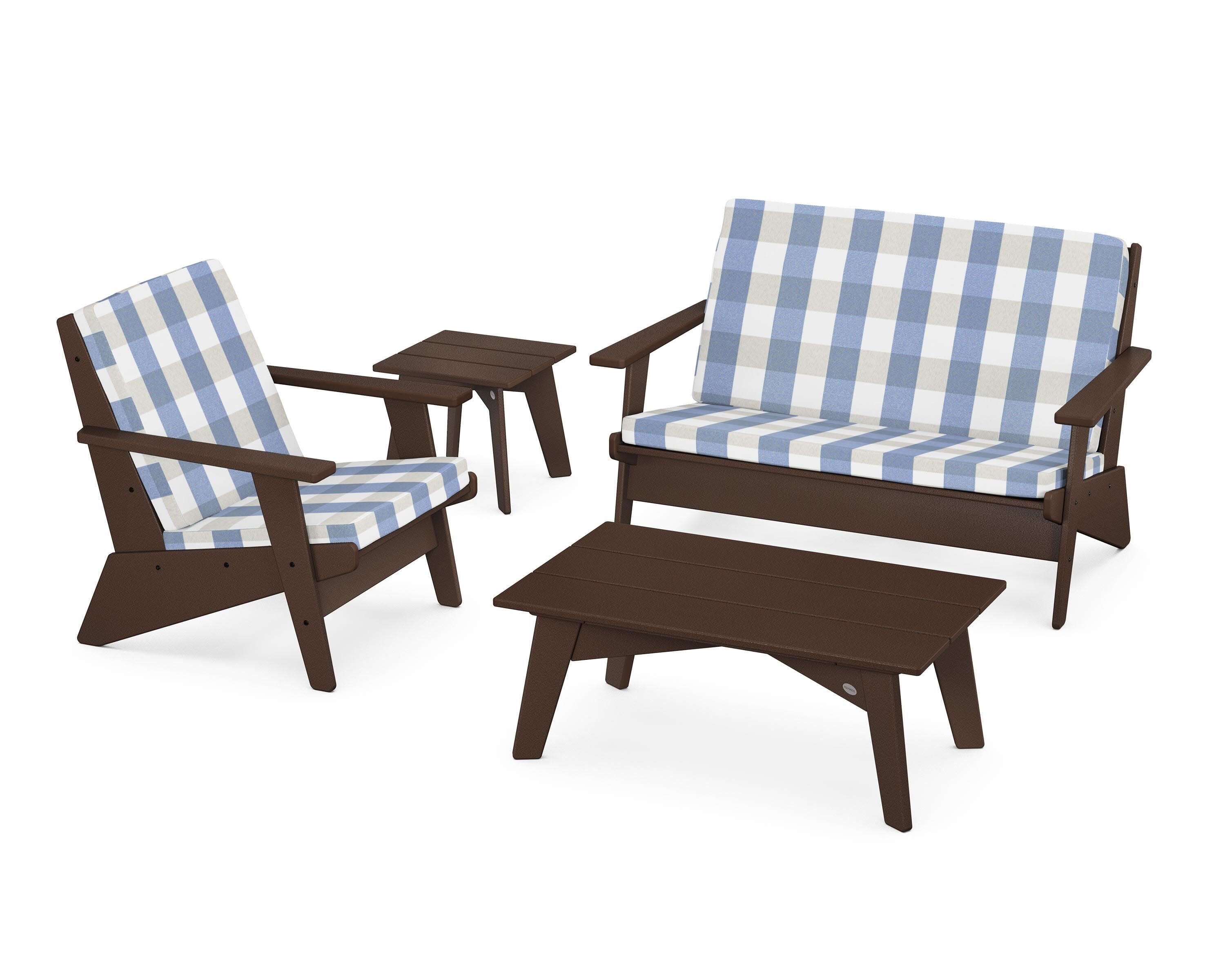 Riviera Modern Lounge 4-Piece Set in Mahogany / Buffalo Plaid Sky Blue