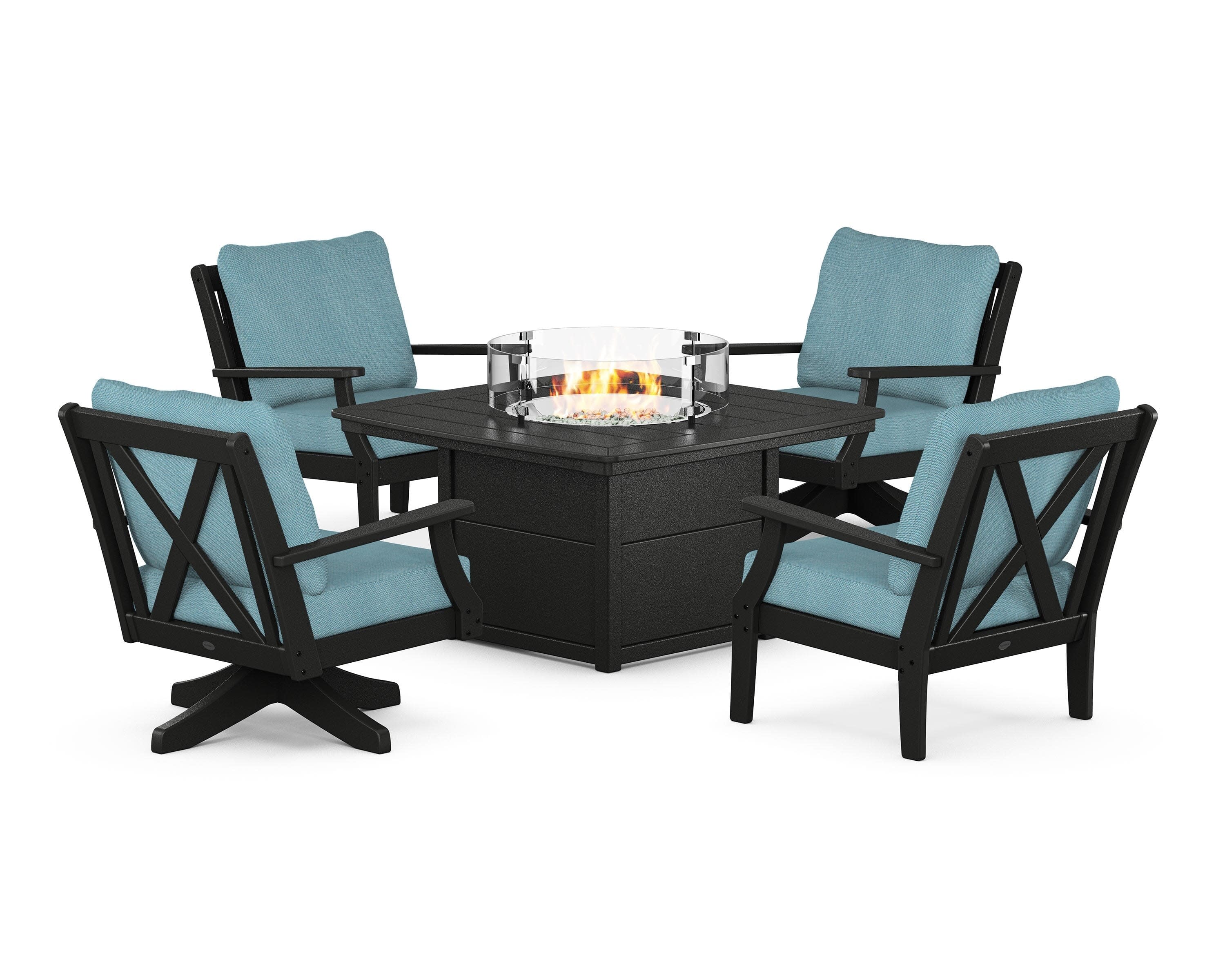 Braxton 5-Piece Deep Seating Set with Fire Table in Black / Lattice Sky Blue