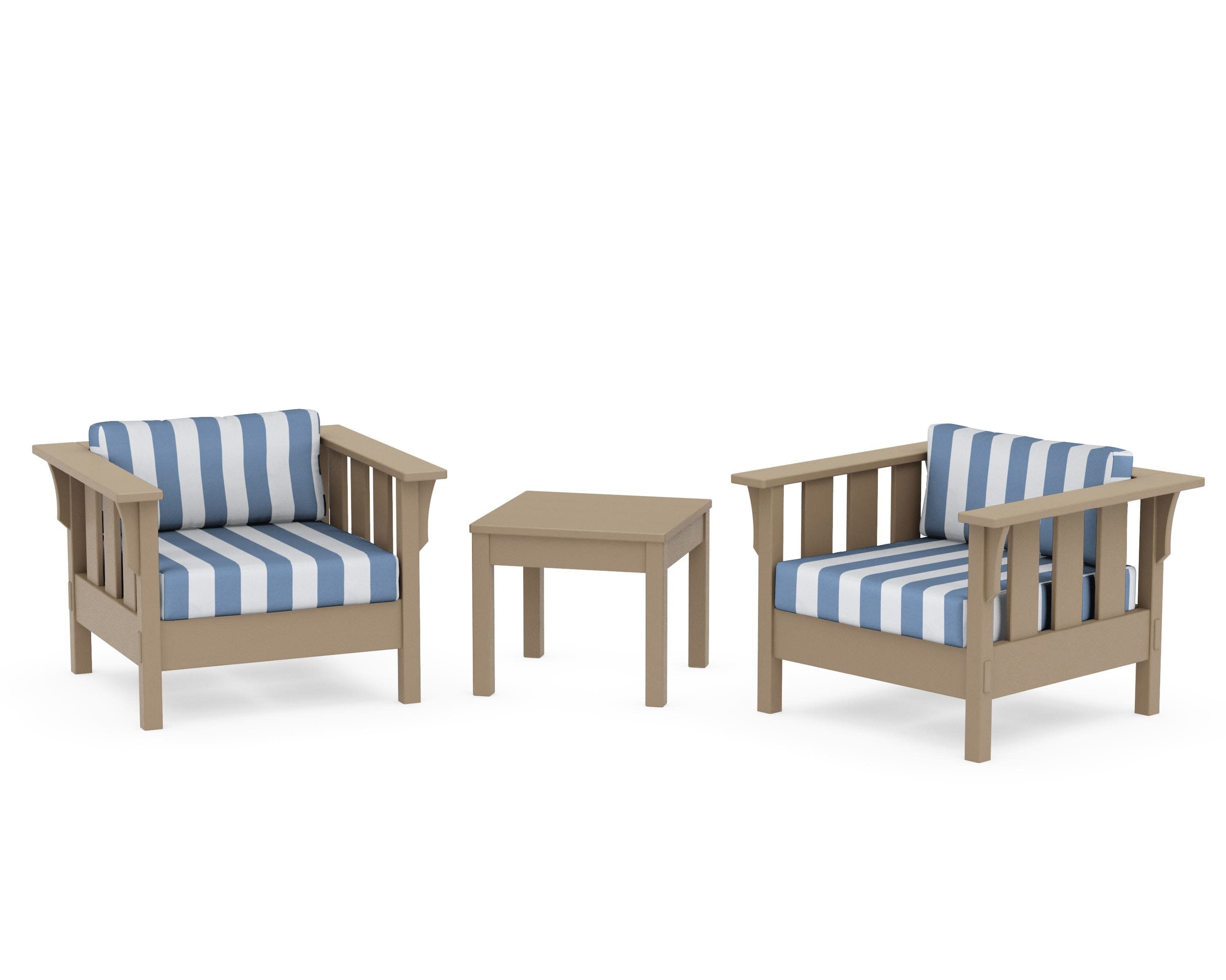 Acadia 3-Piece Deep Seating Set in Vintage Sahara / Cabana Stripe Sky Blue
