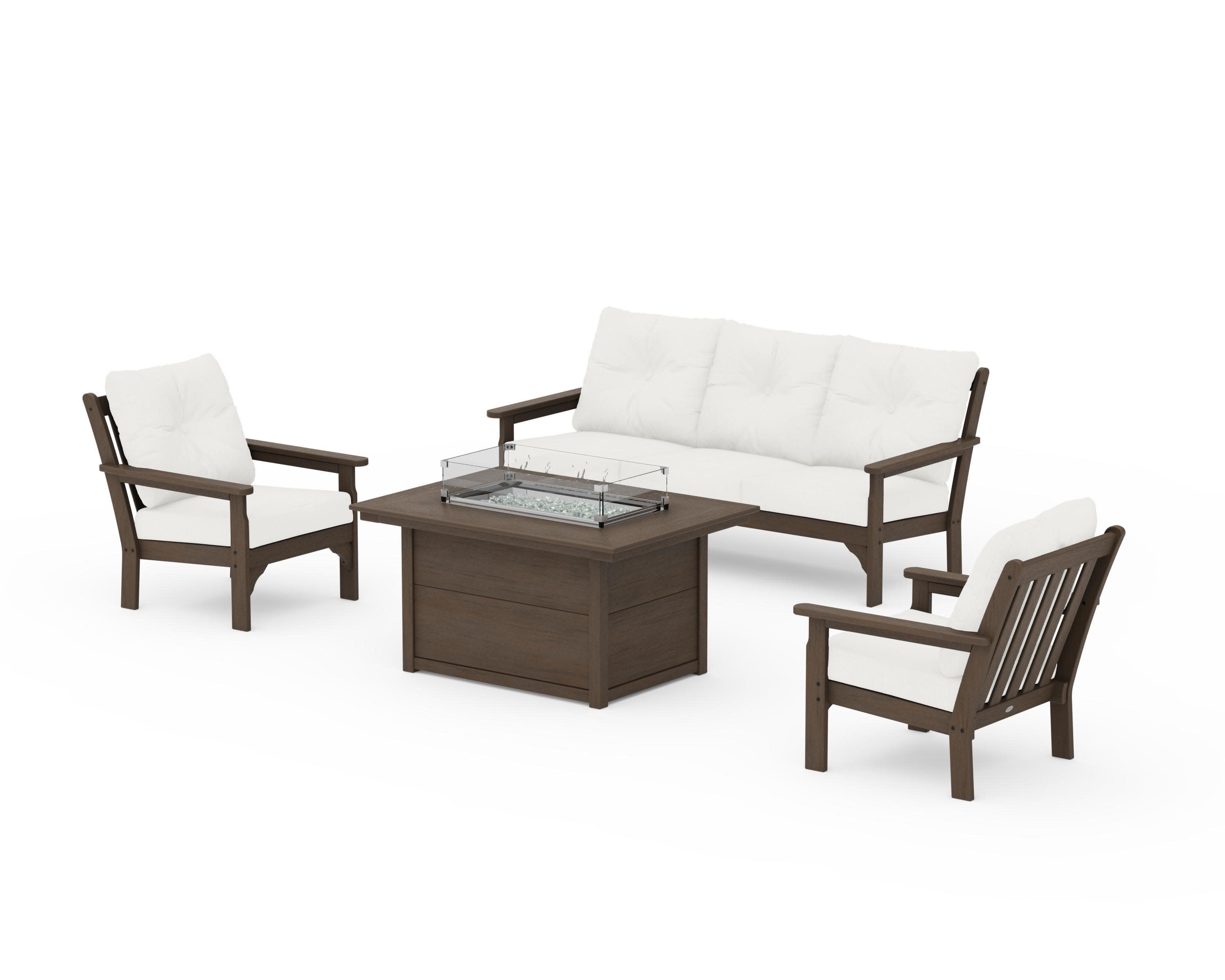 Vineyard Deep Seating Fire Pit Table Set in Kona / Natural Linen