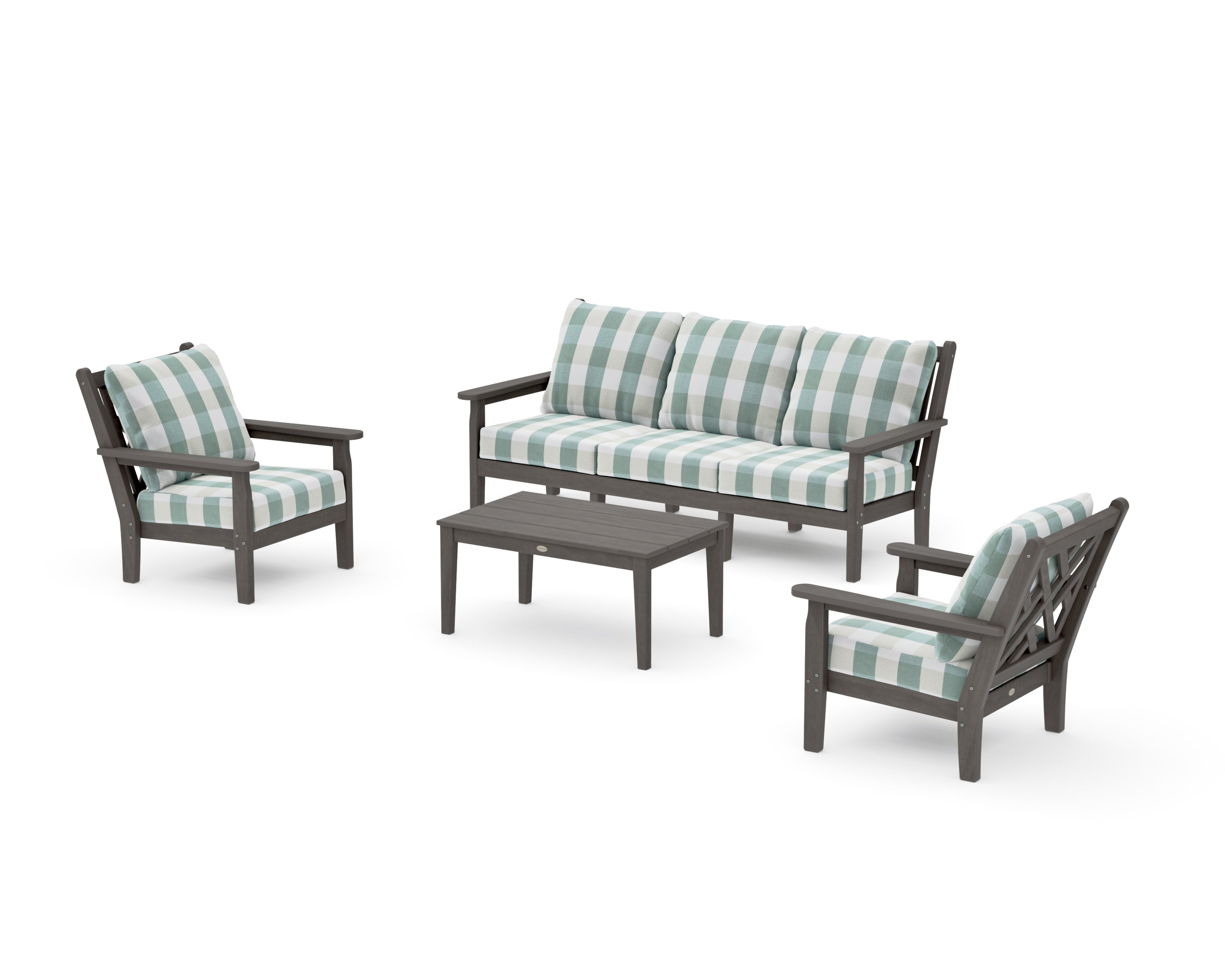 Chippendale 4-Piece Deep Seating Set with Sofa in Driftwood / Buffalo Plaid Glacier Spa