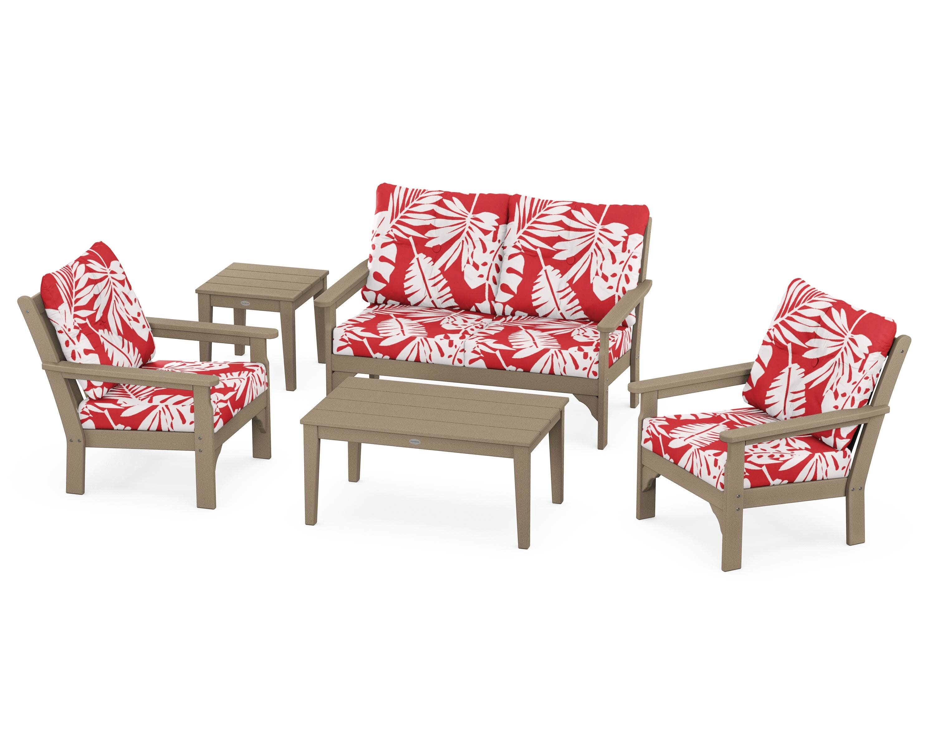 Vineyard 5-Piece Deep Seating Set in Vintage Sahara / Leaf Crimson