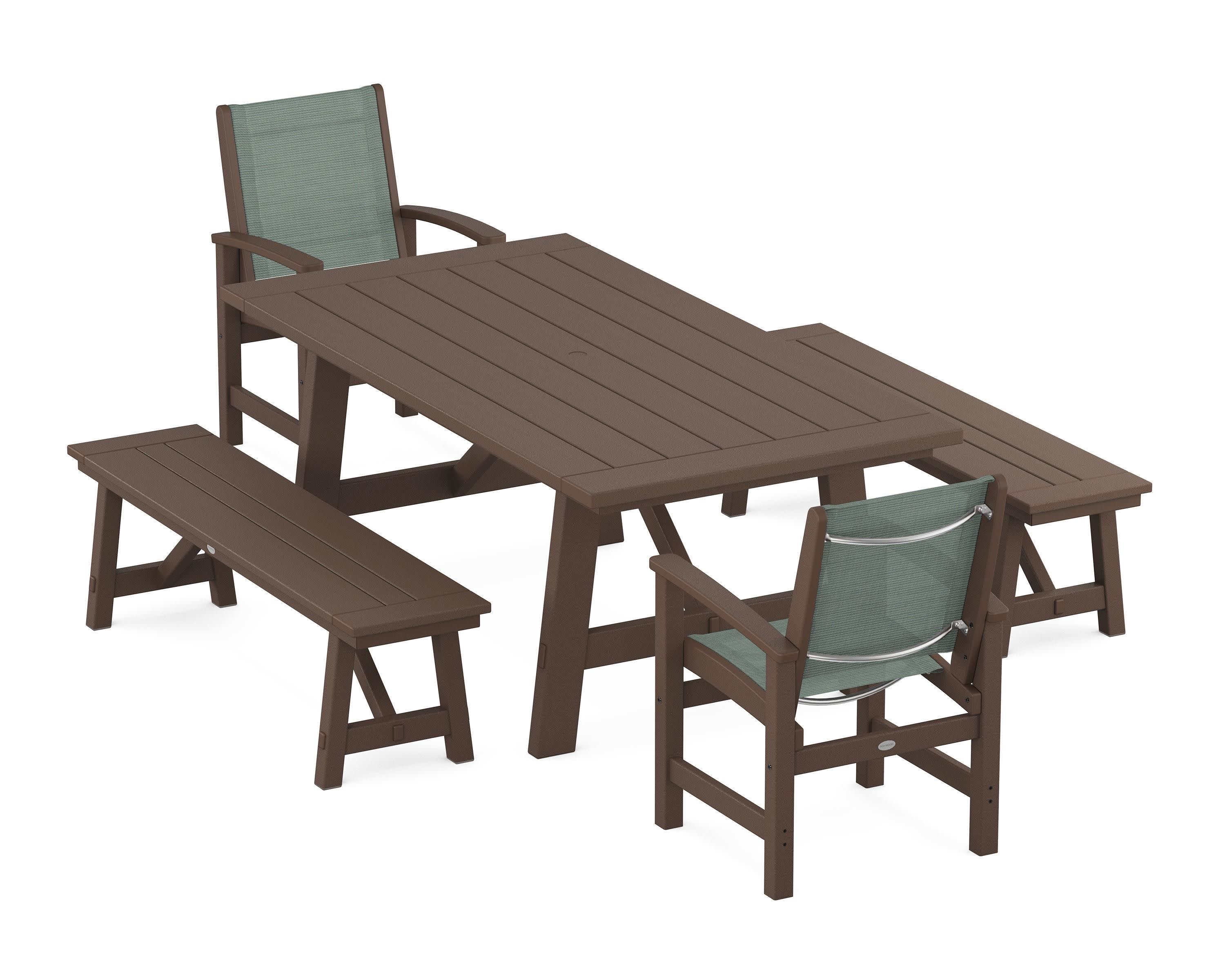 Coastal 5-Piece Rustic Farmhouse Dining Set With Benches in Mahogany / Dupioni Sea Mist Sling