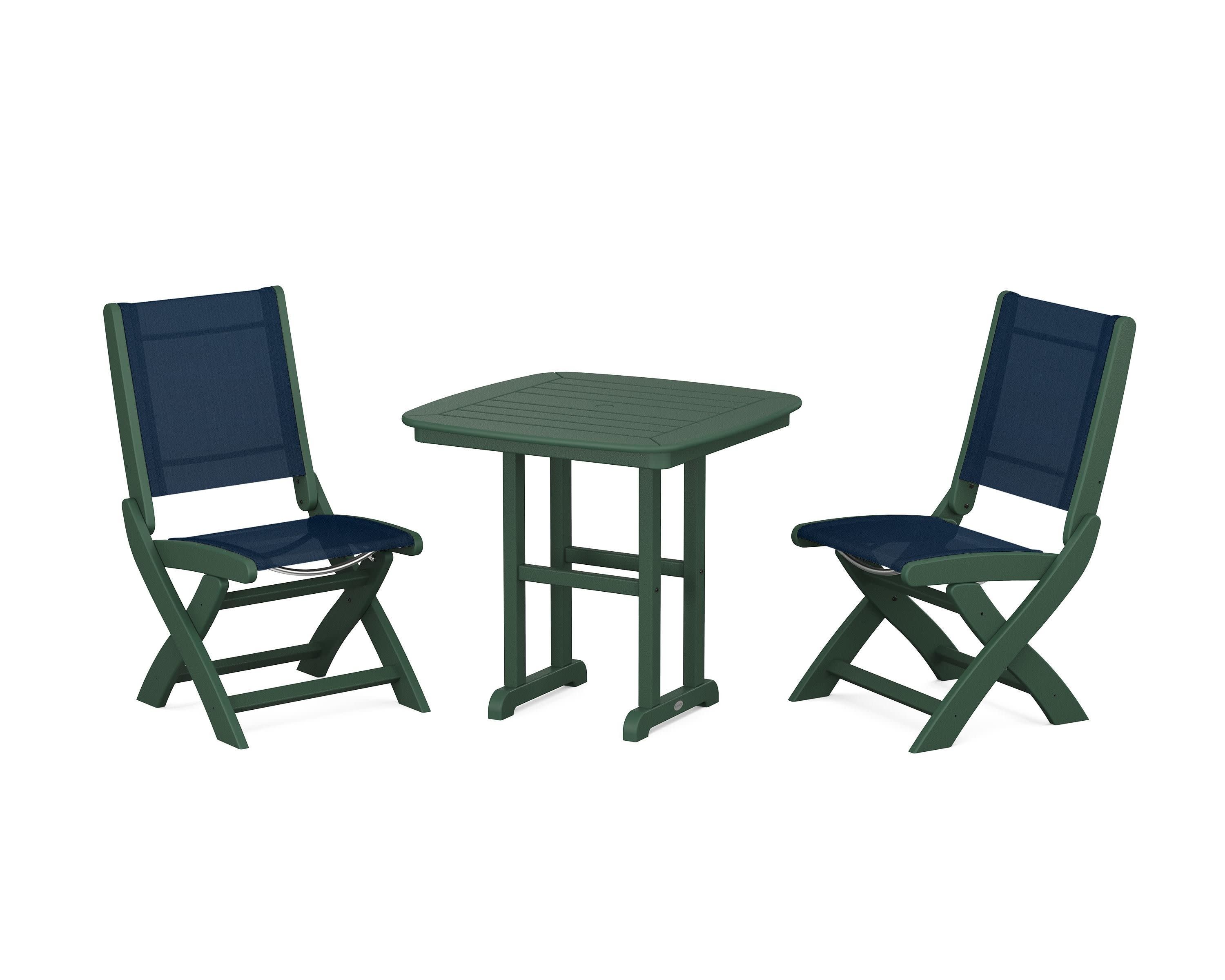 Coastal Folding Side Chair 3-Piece Dining Set in Green / Navy Blue Sling