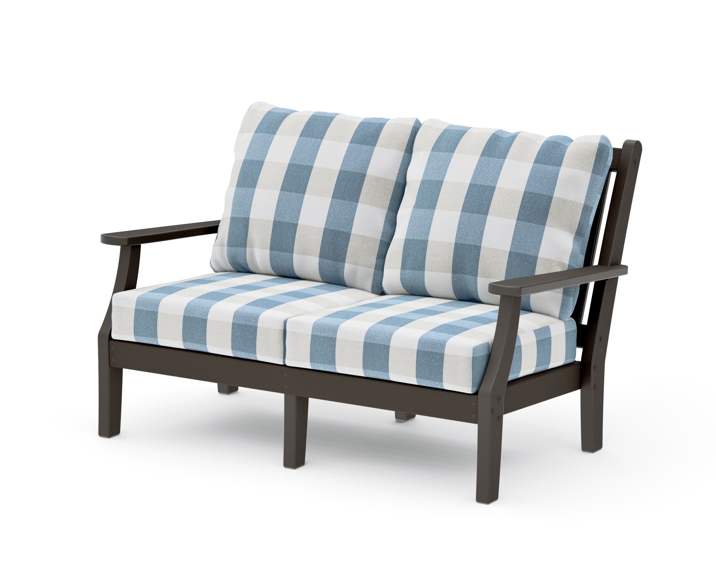 Wovendale Deep Seating Loveseat in Vintage Coffee / Buffalo Plaid Sky Blue