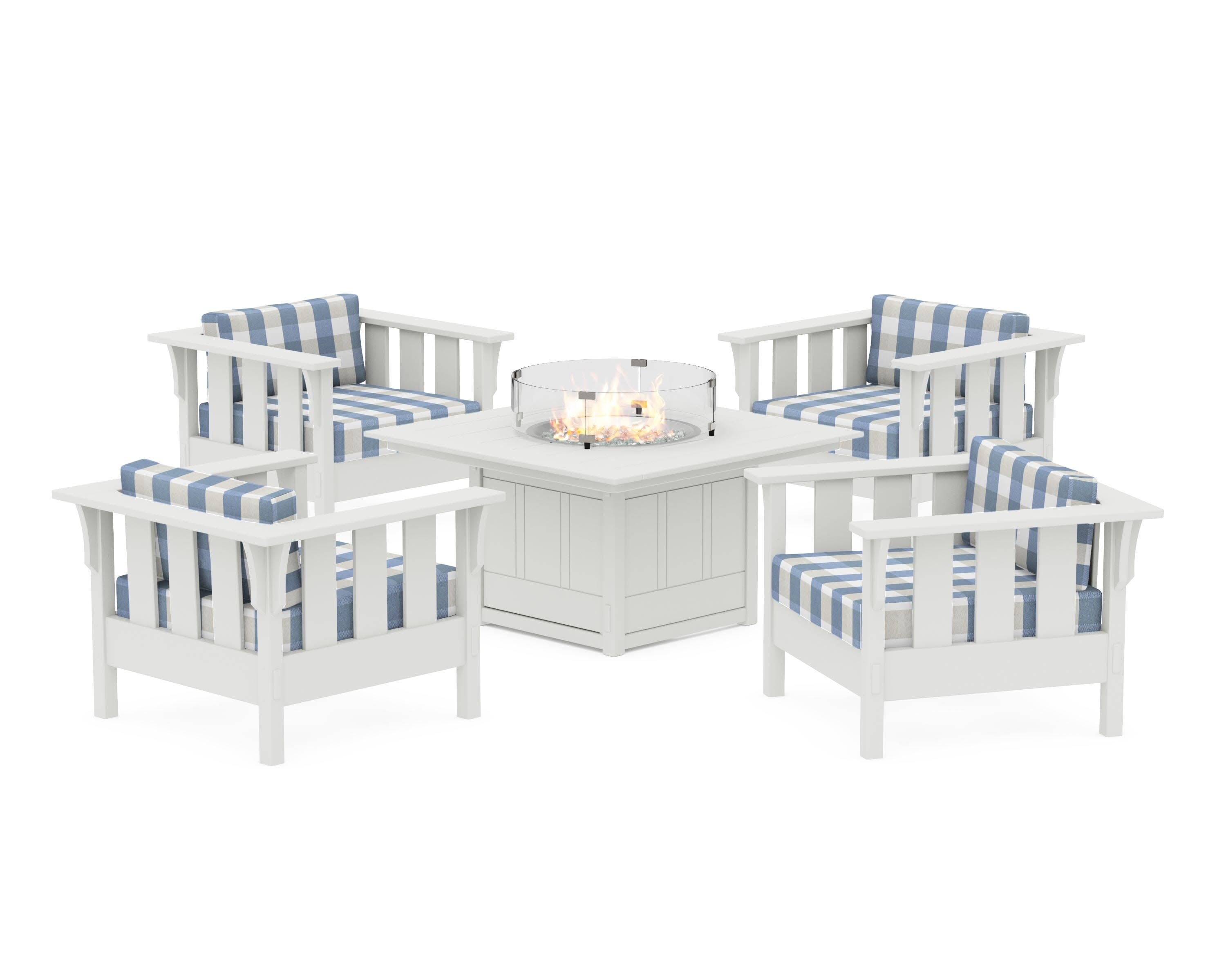 Acadia 5-Piece Deep Seating Set with Fire Pit Table in White / Buffalo Plaid Sky Blue
