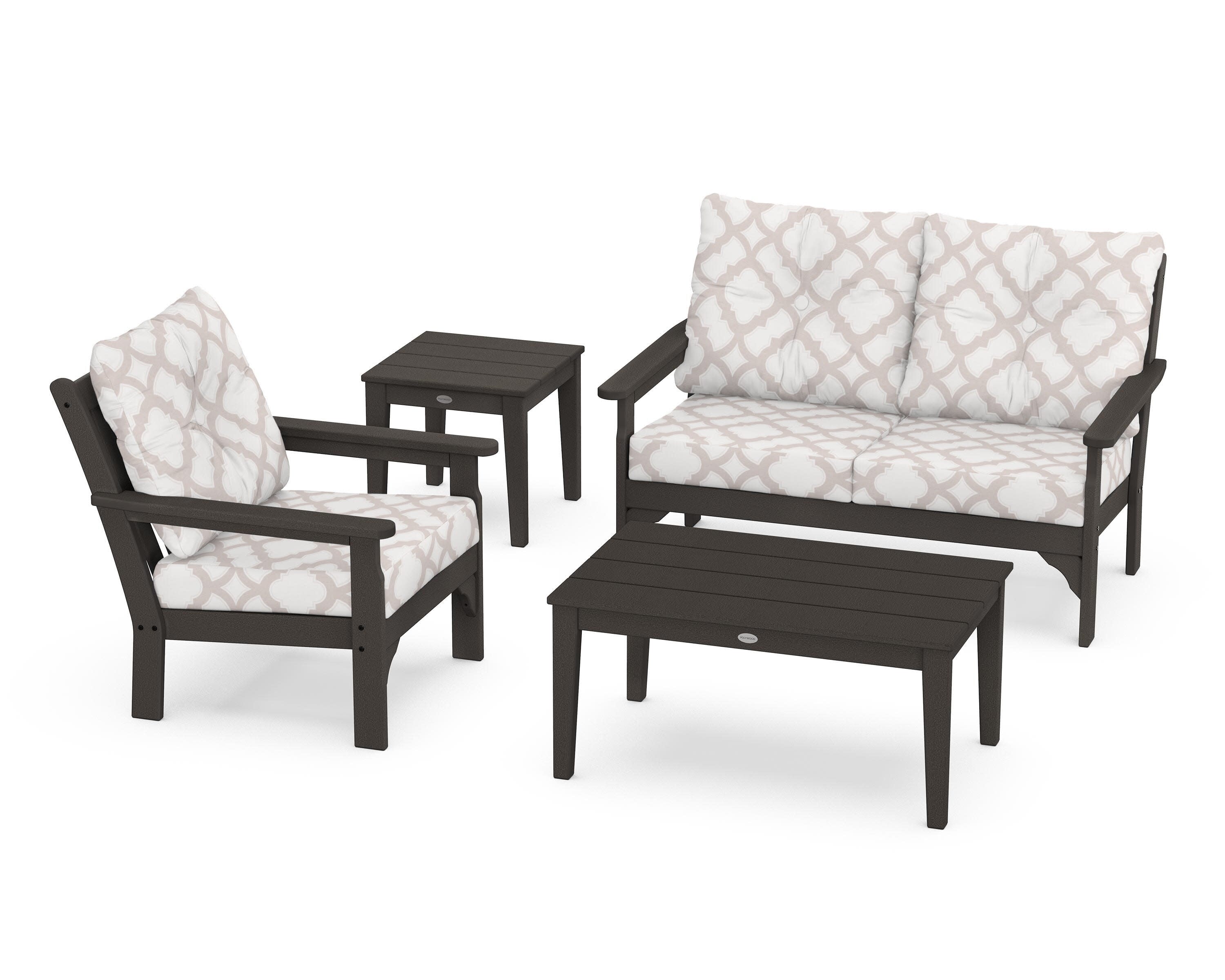 Vineyard 4-Piece Deep Seating Set in Vintage Coffee / Trellis Dune Burlap