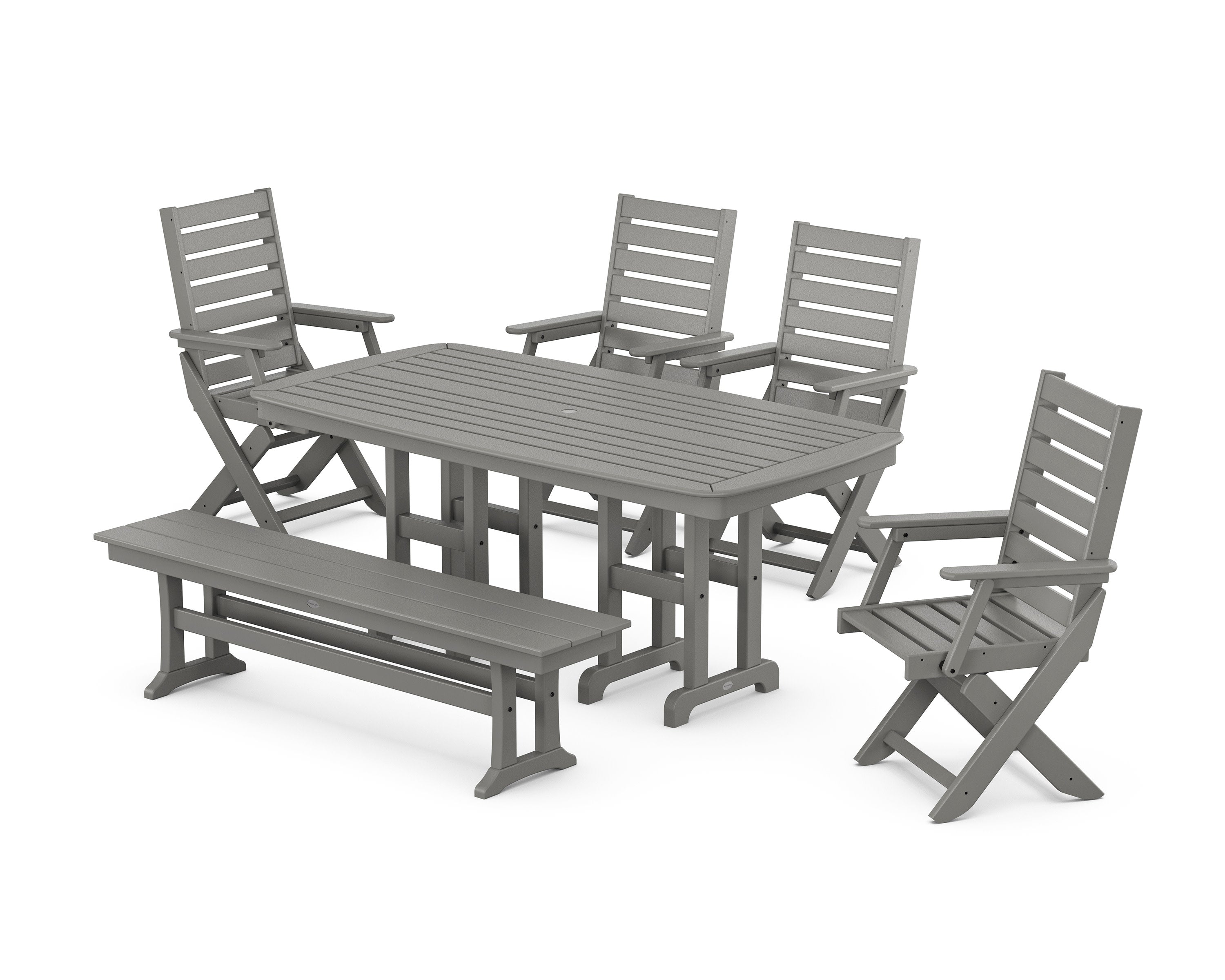 Captain Folding Chair 6-Piece Dining Set with Bench in Slate Grey