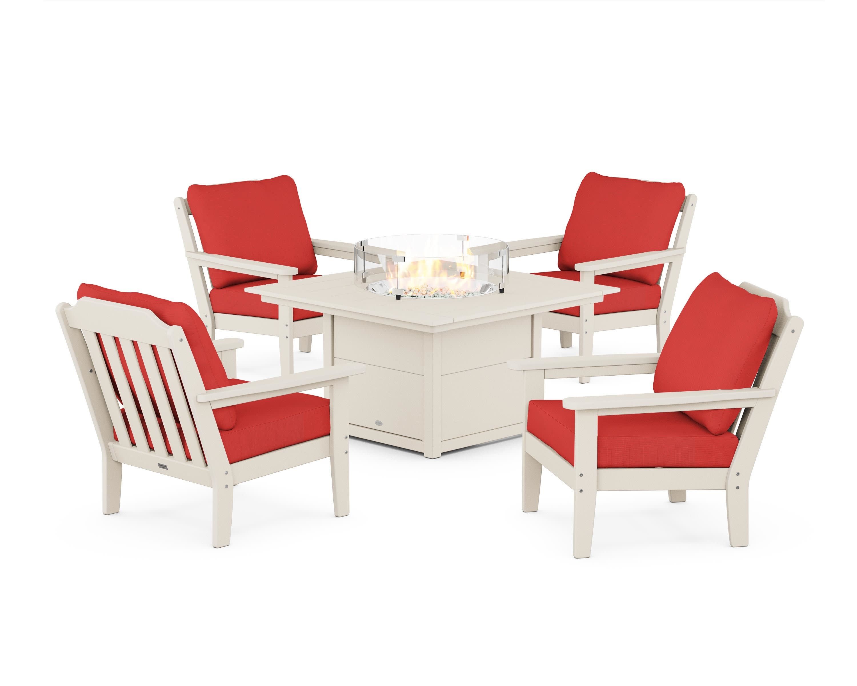 Cottage 5-Piece Deep Seating Set with Fire Pit Table in Sand / Crimson Linen