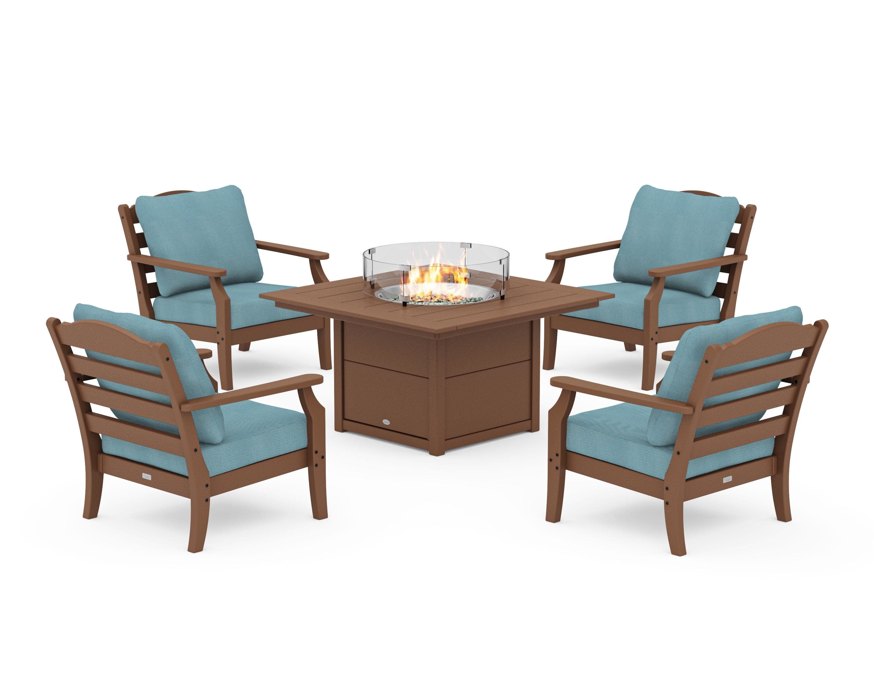 Savannah 5-Piece Deep Seating Set with Fire Pit Table in Teak / Lattice Sky Blue